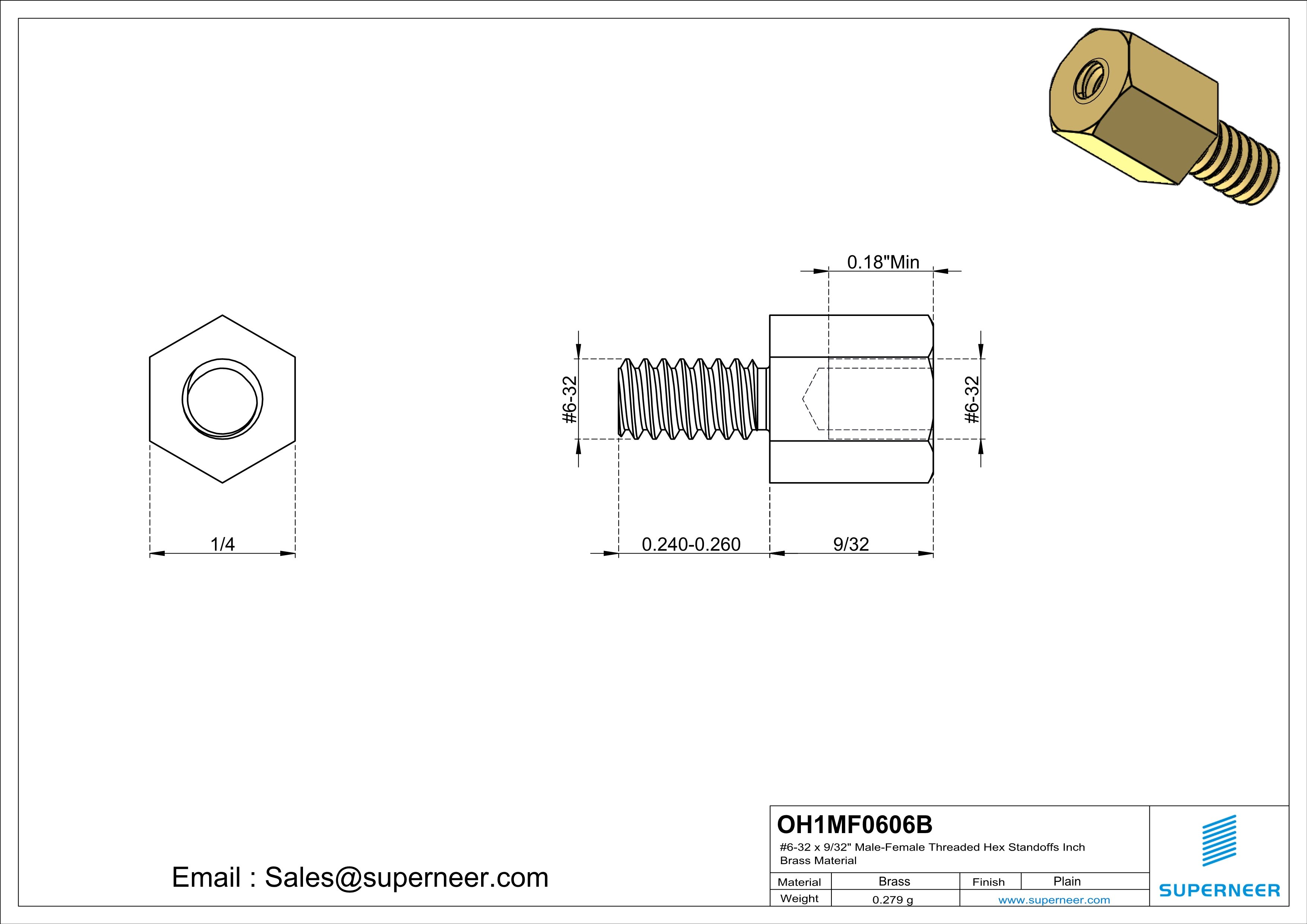 6-32 x 9/32" Male-Female Threaded Hex Standoffs Inch Brass Material