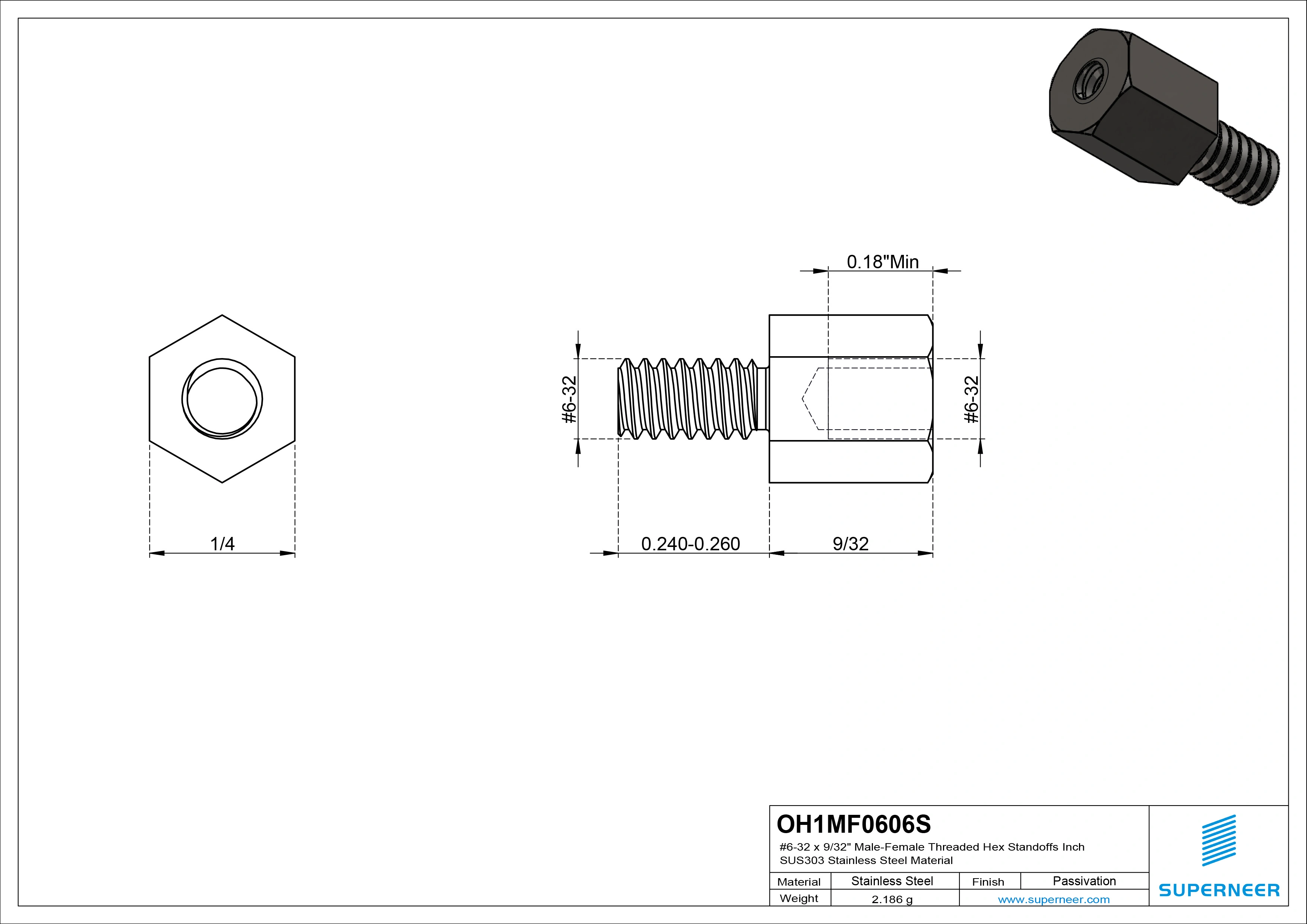 6-32 x 9/32" Male-Female Threaded Hex Standoffs Inch SUS303 Stainless Steel Inox Material