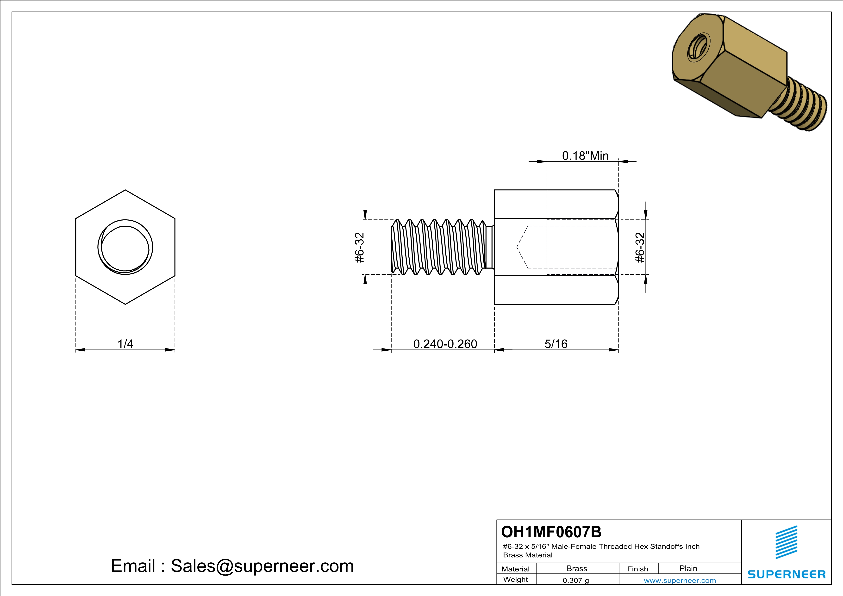 6-32 x 5/16" Male-Female Threaded Hex Standoffs Inch Brass Material