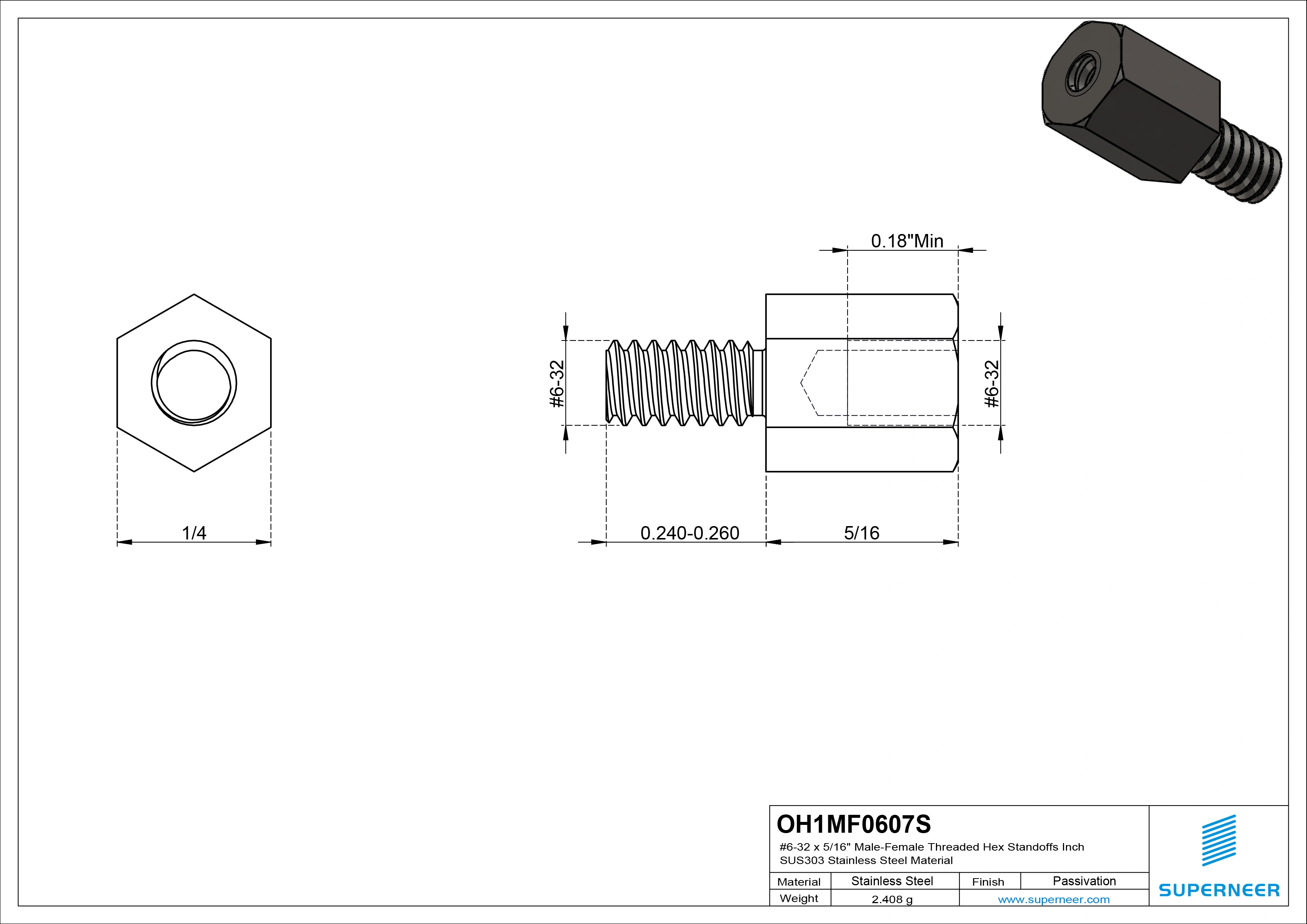 6-32 x 5/16" Male-Female Threaded Hex Standoffs Inch SUS303 Stainless Steel Inox Material