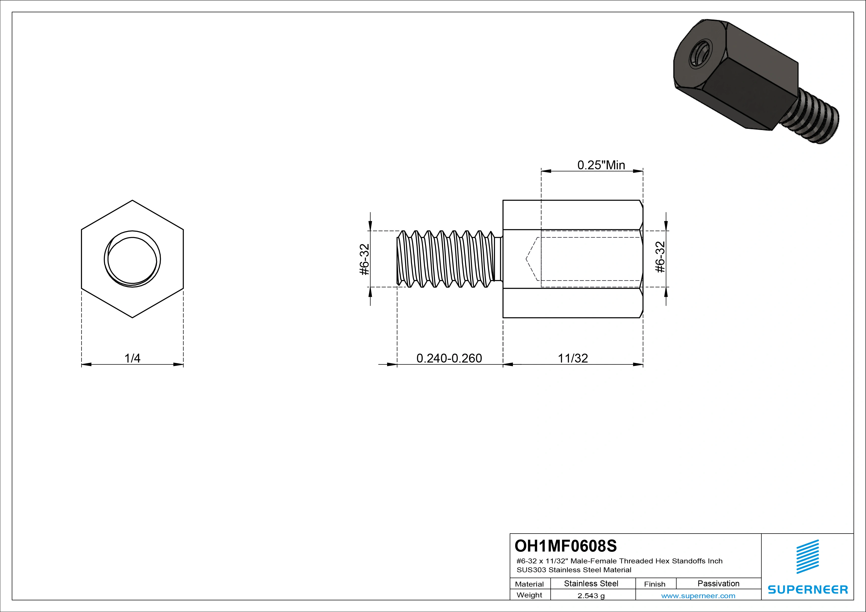 6-32 x 11/32" Male-Female Threaded Hex Standoffs Inch SUS303 Stainless Steel Inox Material