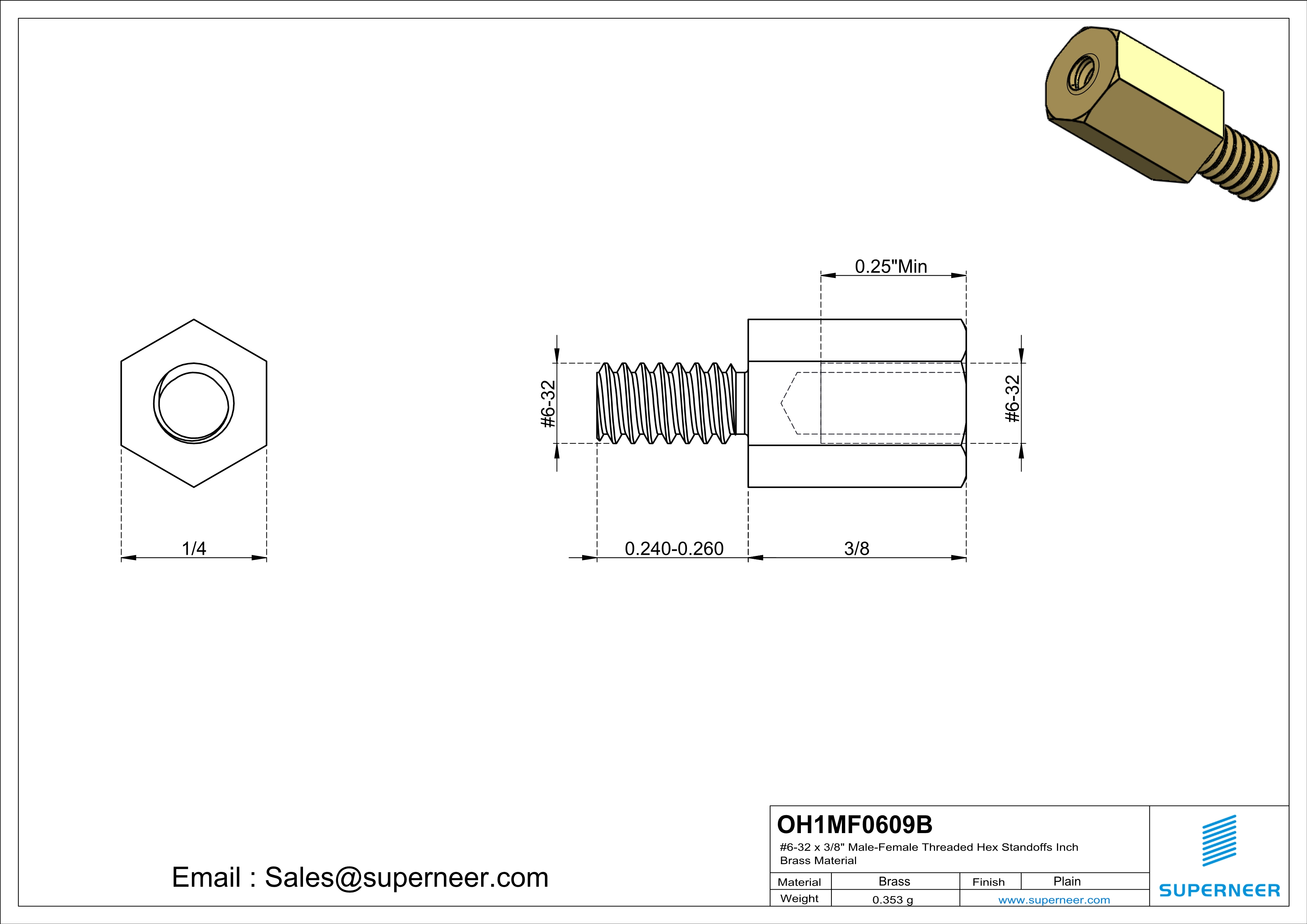 6-32 x 3/8" Male-Female Threaded Hex Standoffs Inch Brass Material