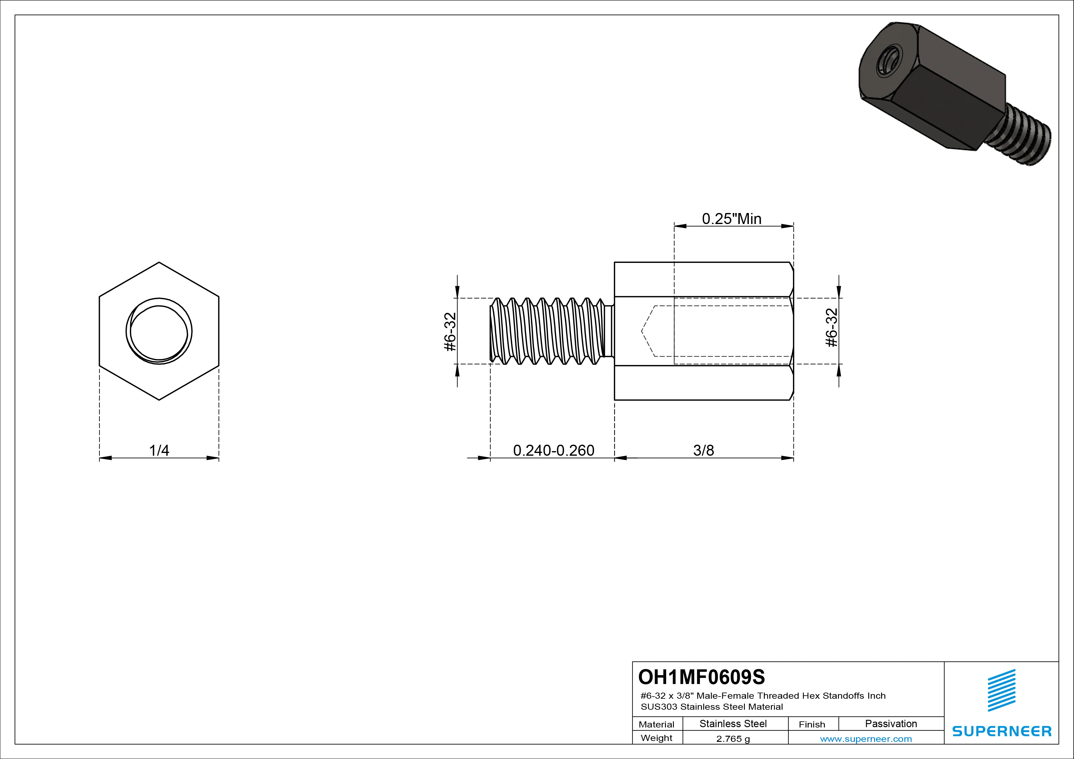 6-32 x 3/8" Male-Female Threaded Hex Standoffs Inch SUS303 Stainless Steel Inox Material