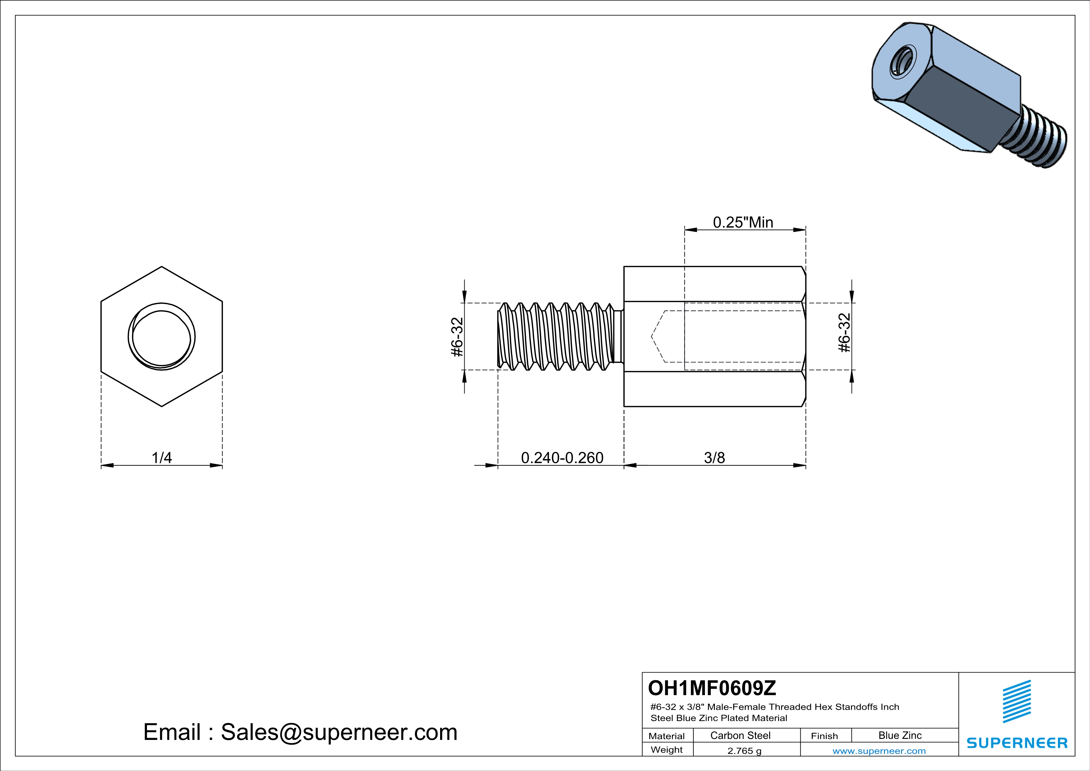 6-32 x 3/8" Male-Female Threaded Hex Standoffs Inch Steel Blue Zinc Plated Material