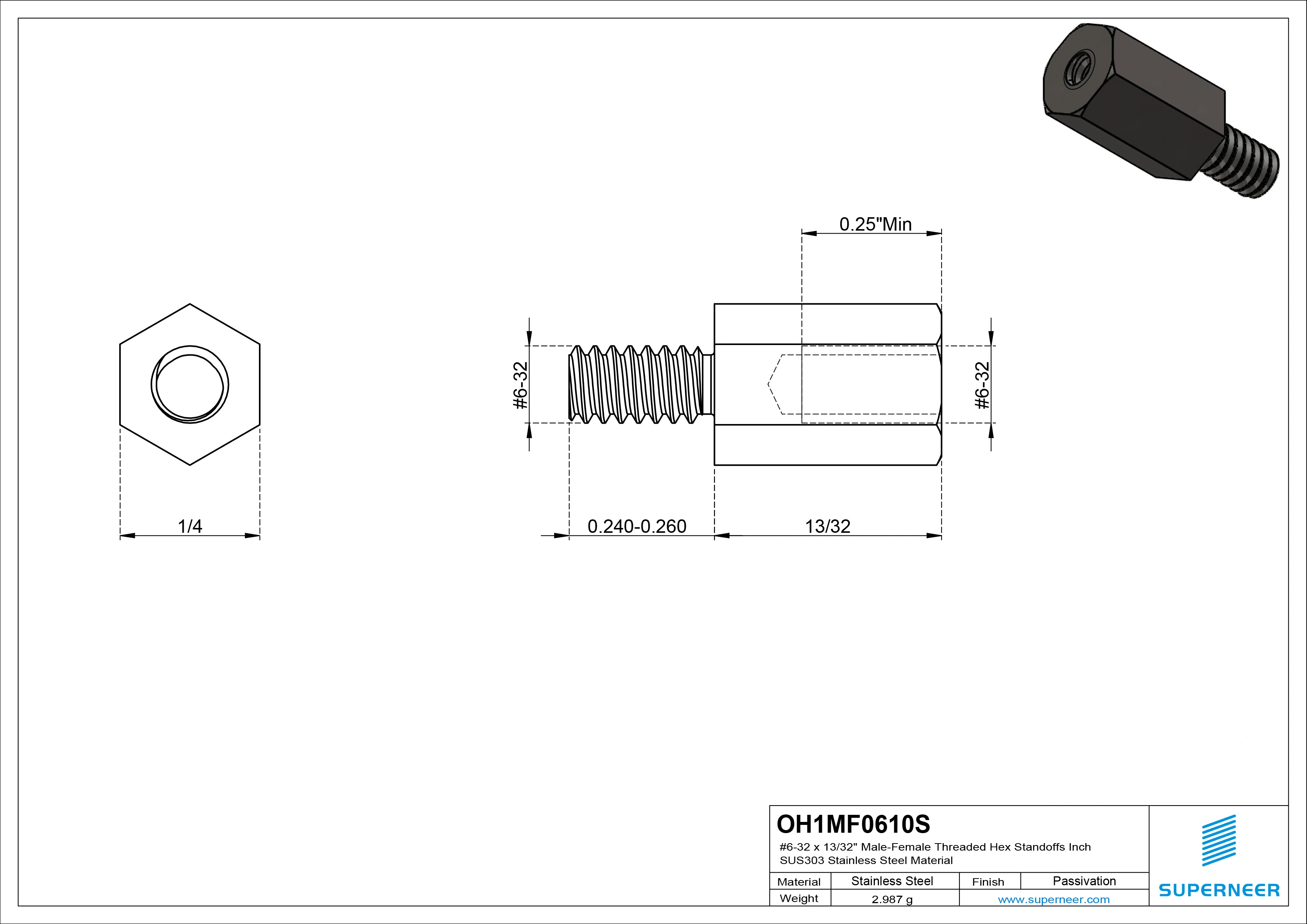 6-32 x 13/32" Male-Female Threaded Hex Standoffs Inch SUS303 Stainless Steel Inox Material