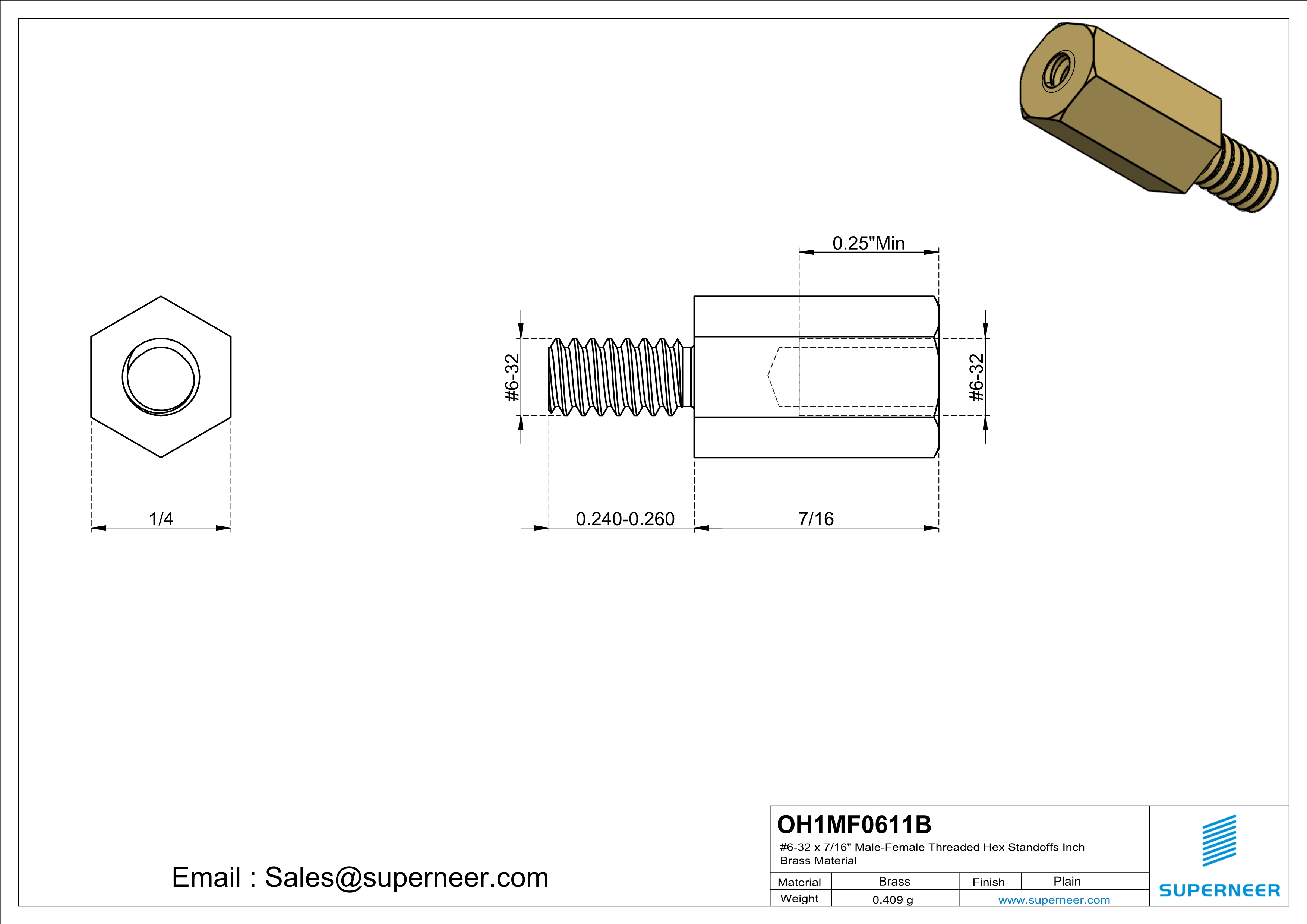 6-32 x 7/16" Male-Female Threaded Hex Standoffs Inch Brass Material