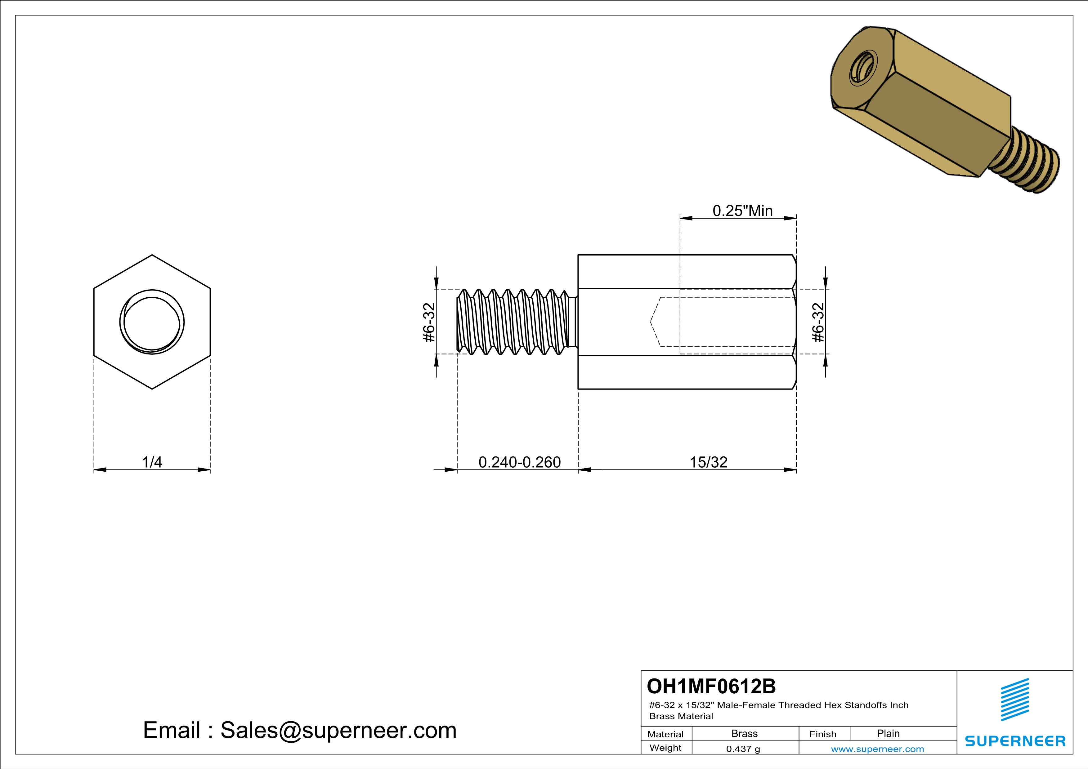 6-32 x 15/32" Male-Female Threaded Hex Standoffs Inch Brass Material