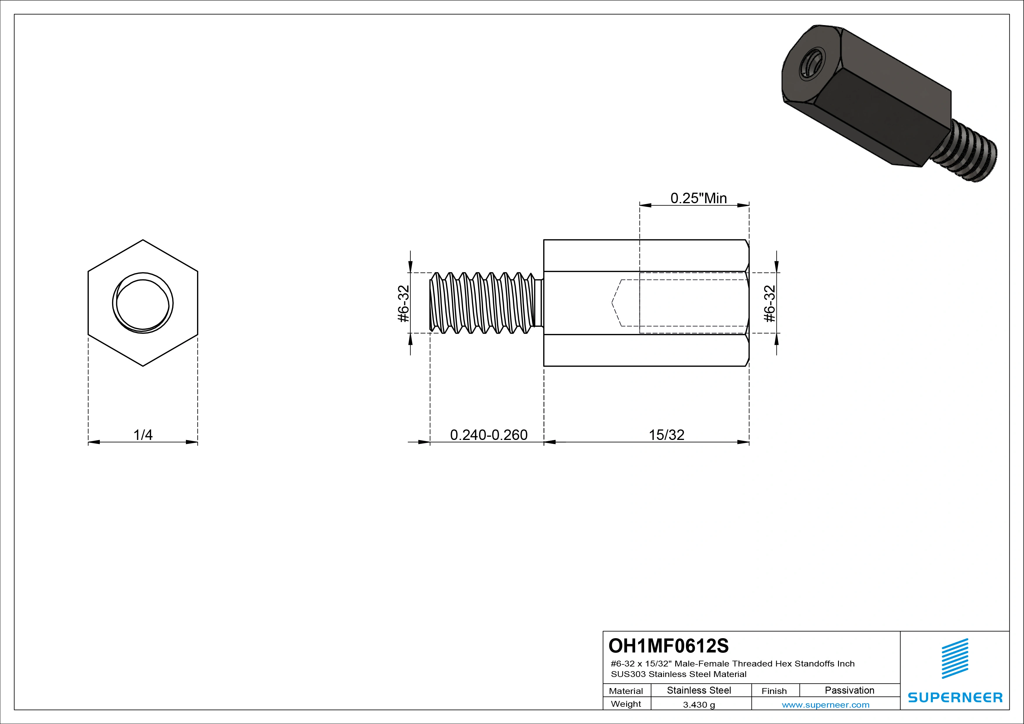 6-32 x 15/32" Male-Female Threaded Hex Standoffs Inch SUS303 Stainless Steel Inox Material