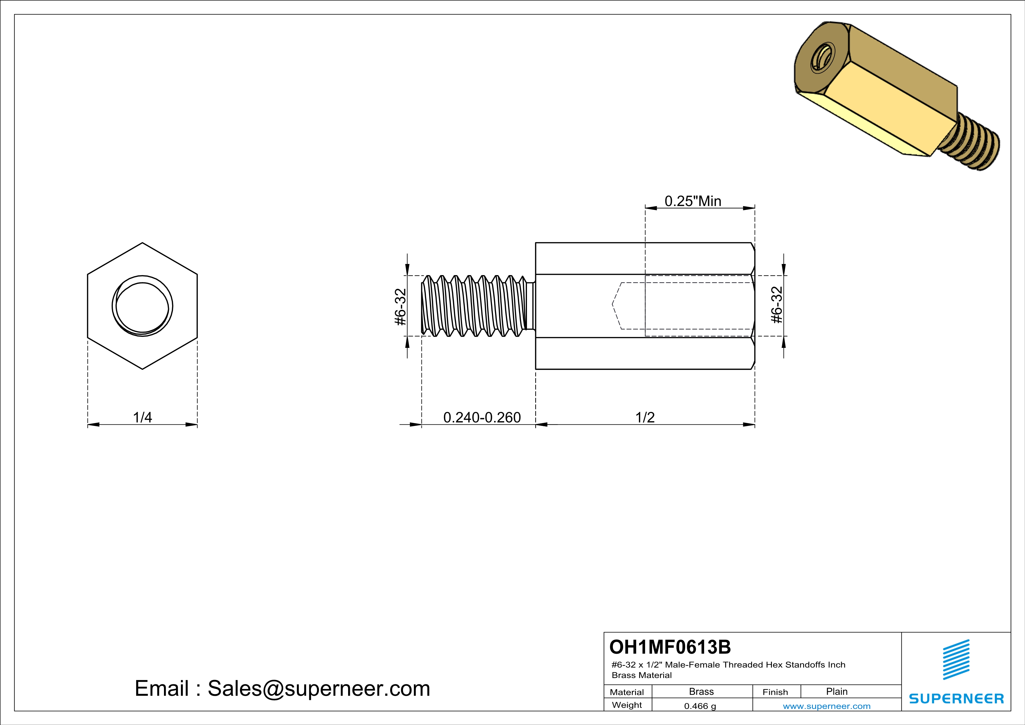 6-32 x 1/2" Male-Female Threaded Hex Standoffs Inch Brass Material