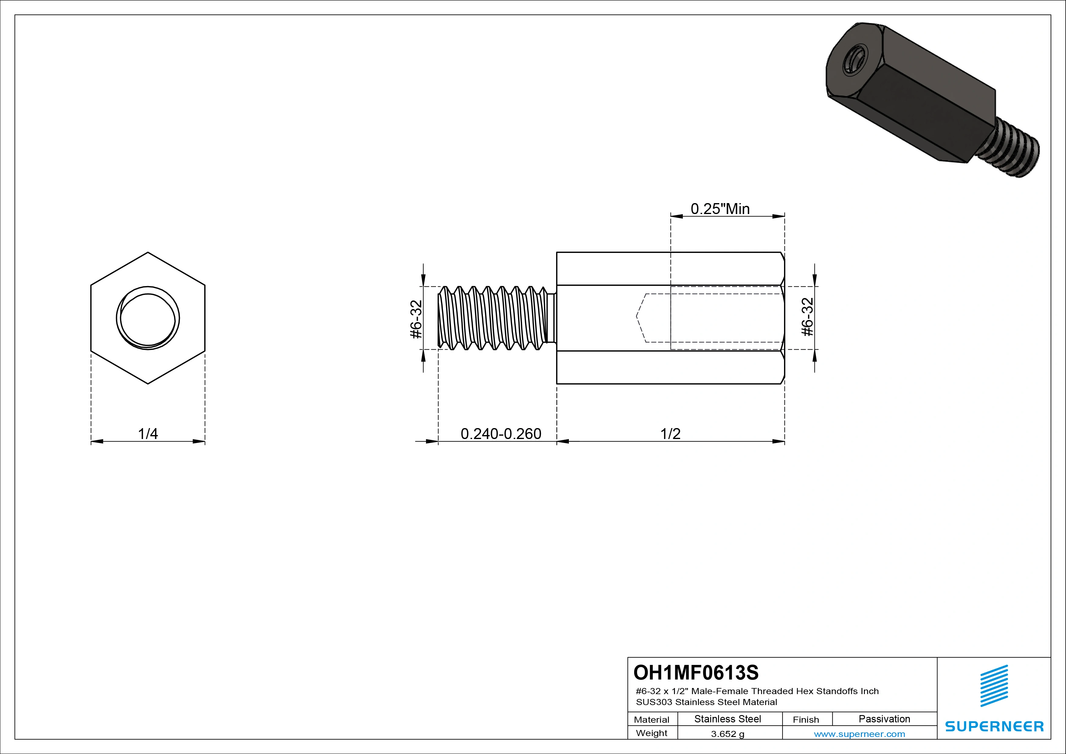 6-32 x 1/2" Male-Female Threaded Hex Standoffs Inch SUS303 Stainless Steel Inox Material