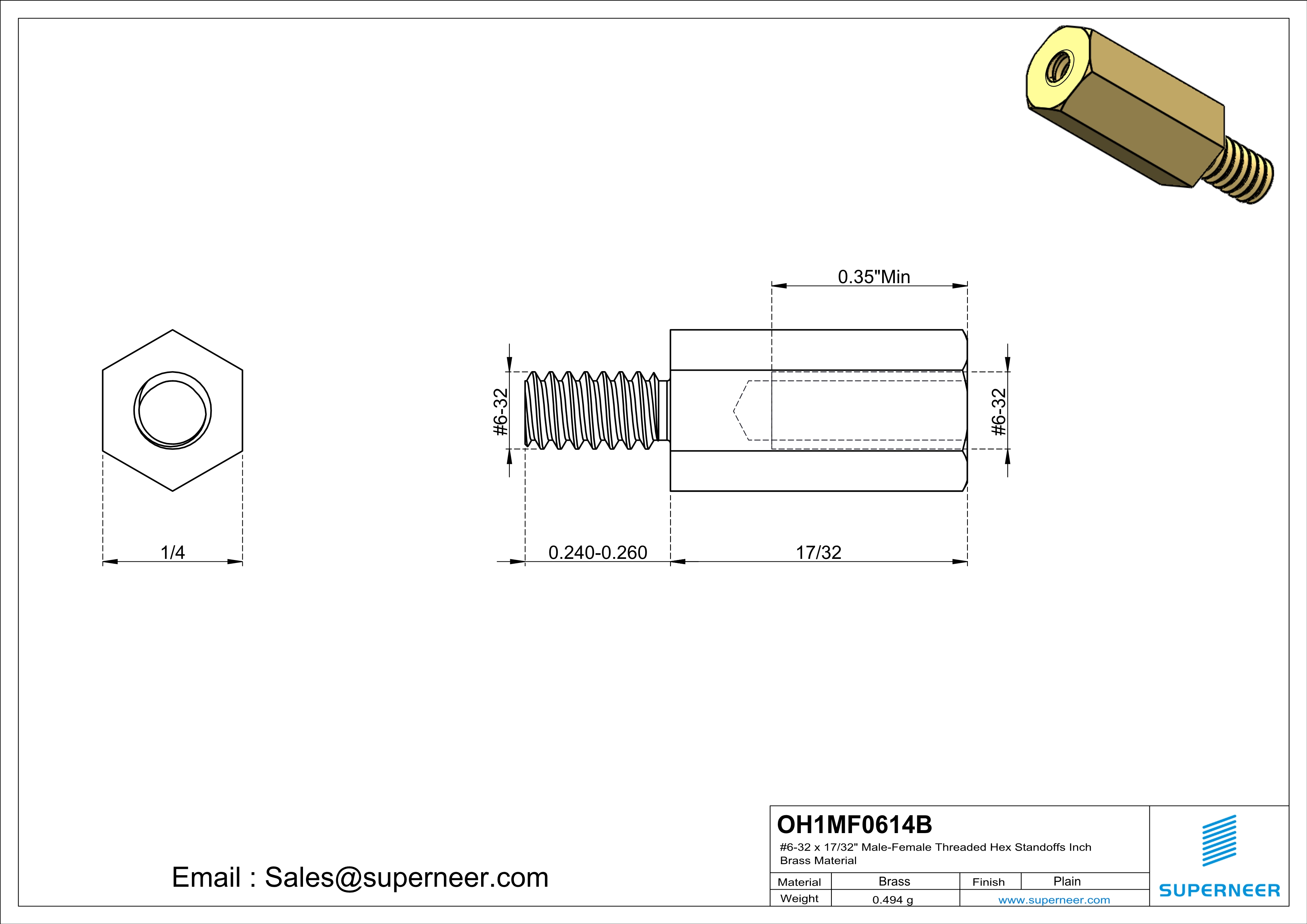 6-32 x 17/32" Male-Female Threaded Hex Standoffs Inch Brass Material