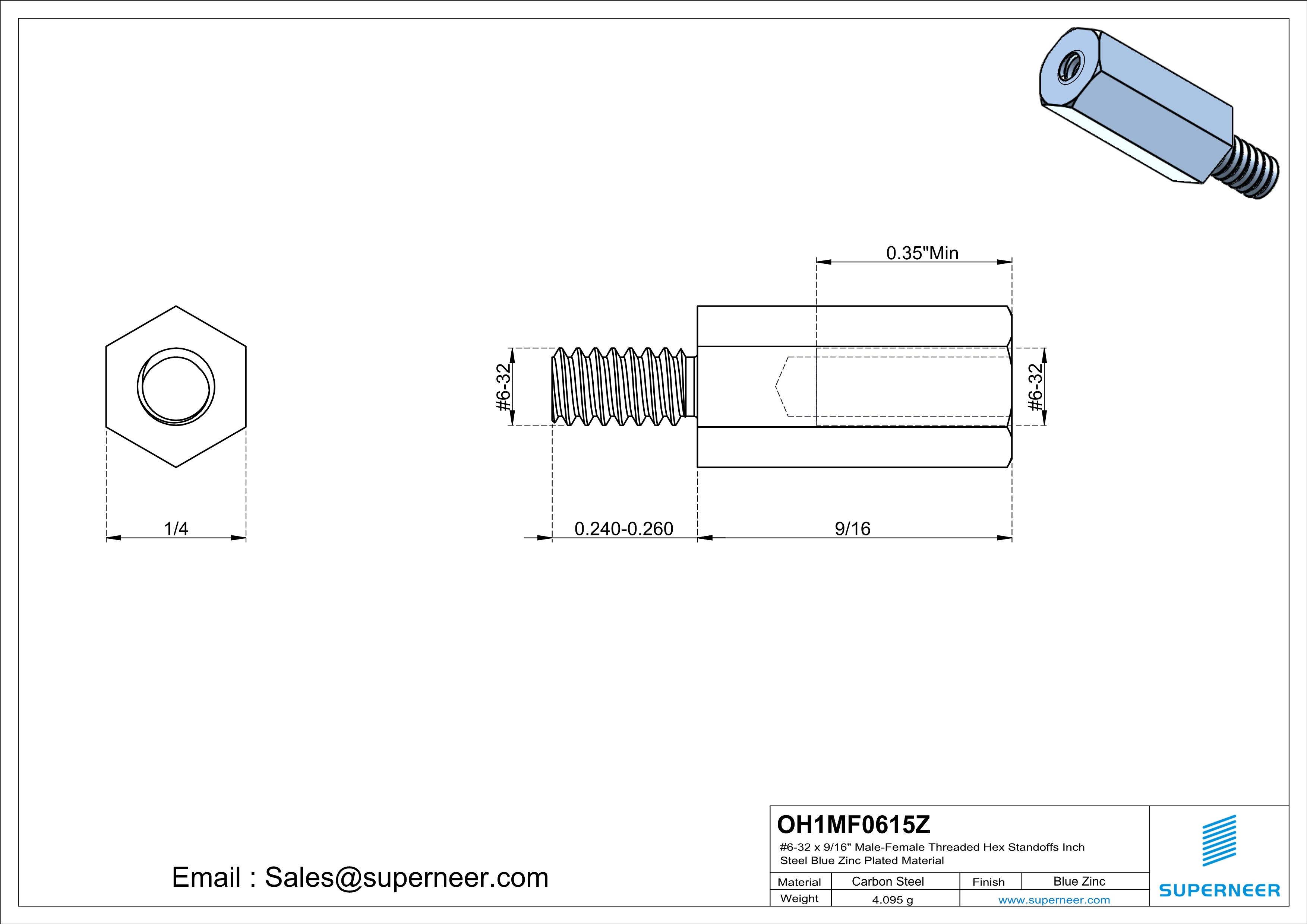 6-32 x 9/16" Male-Female Threaded Hex Standoffs Inch Steel Blue Zinc Plated Material