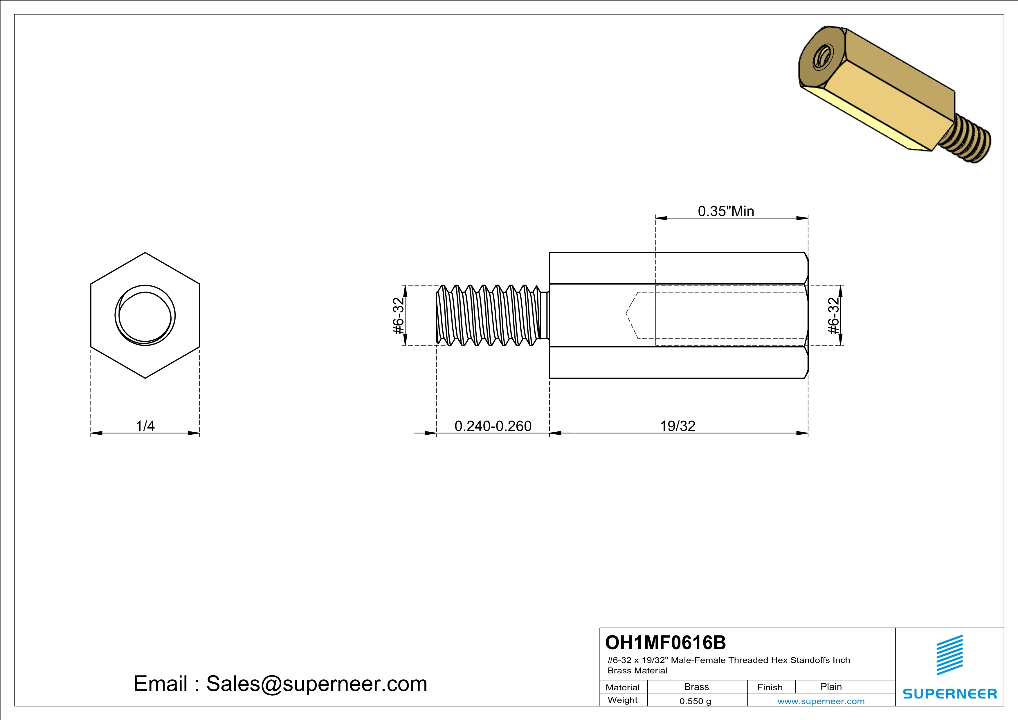 6-32 x 19/32" Male-Female Threaded Hex Standoffs Inch Brass Material