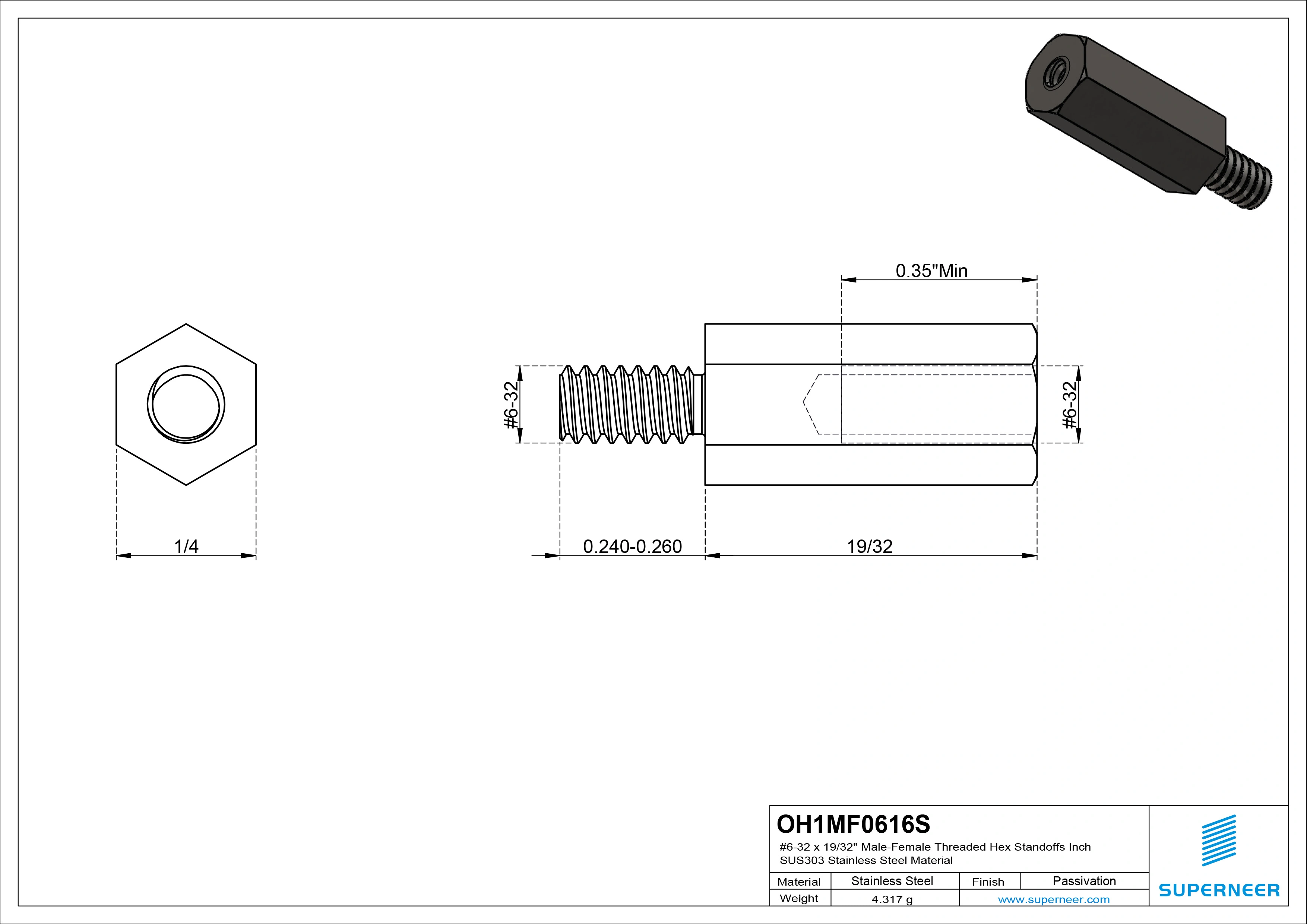 6-32 x 19/32" Male-Female Threaded Hex Standoffs Inch SUS303 Stainless Steel Inox Material