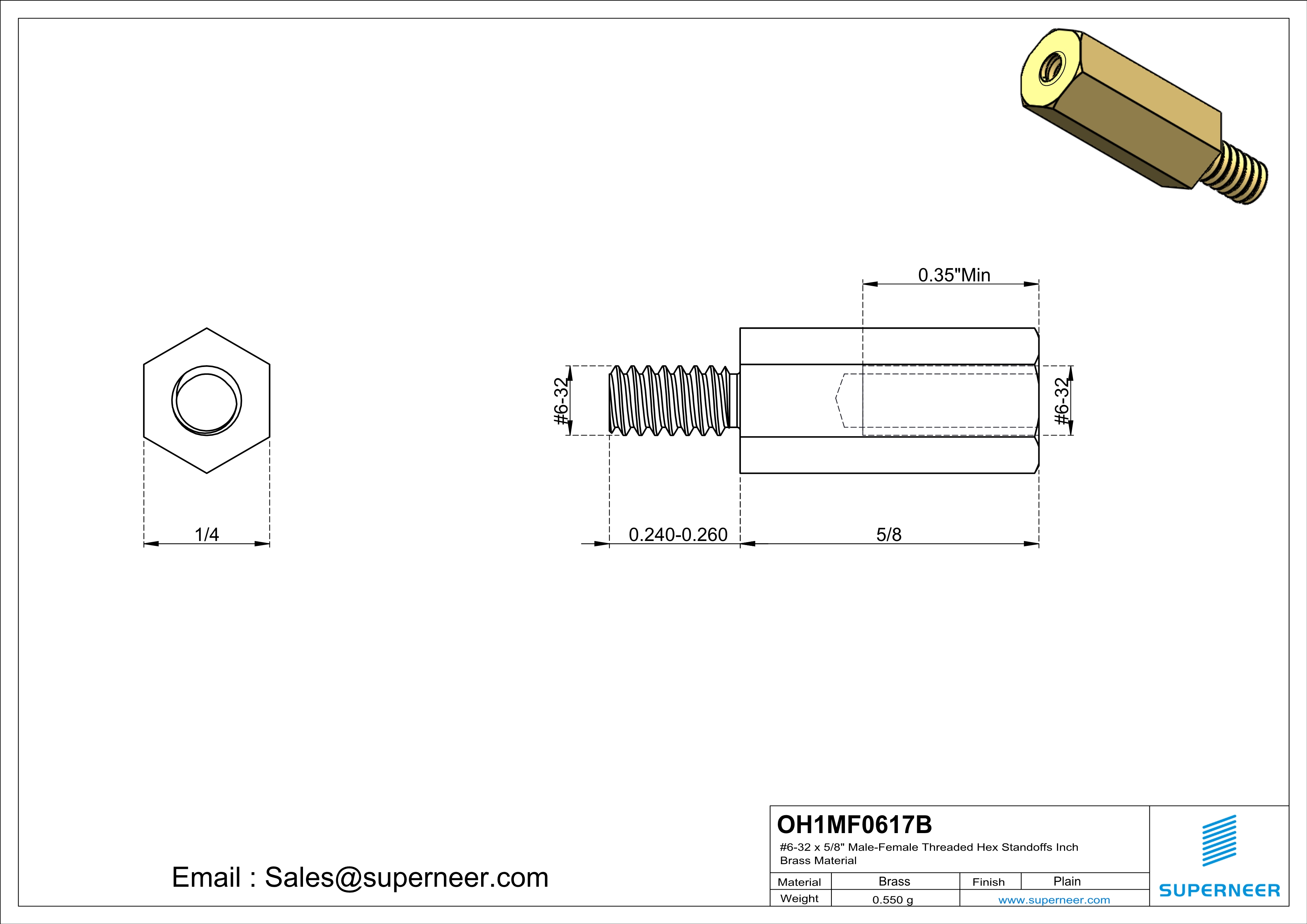 6-32 x 5/8" Male-Female Threaded Hex Standoffs Inch Brass Material