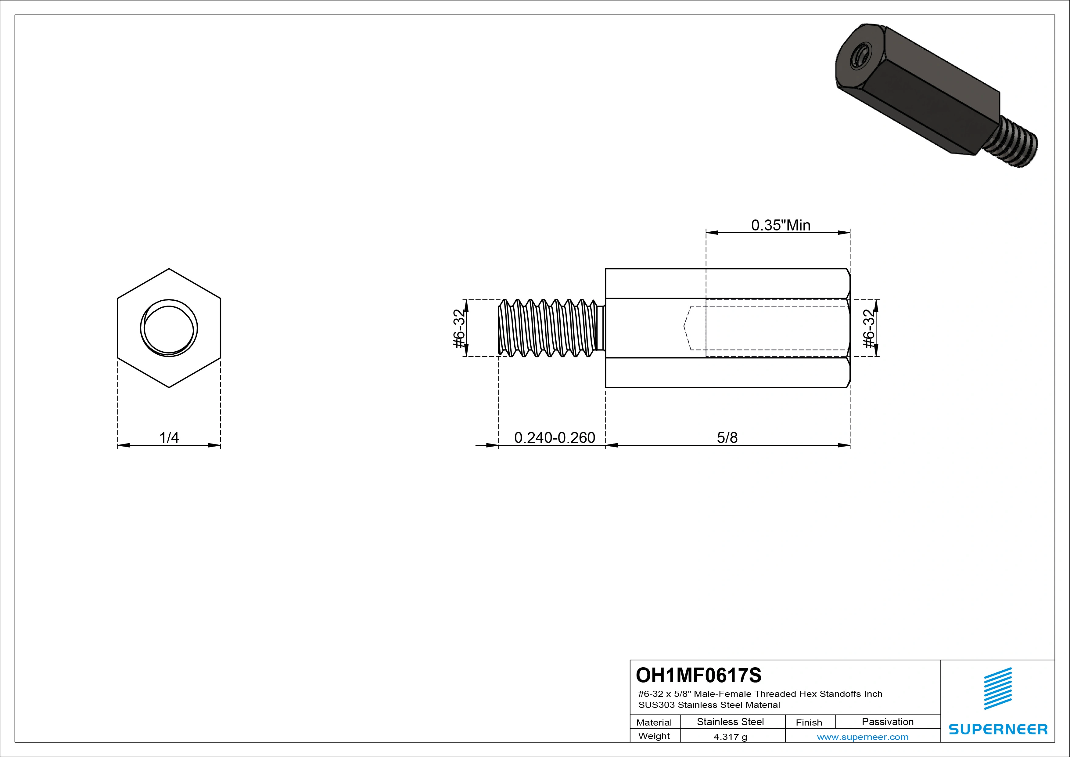 6-32 x 5/8" Male-Female Threaded Hex Standoffs Inch SUS303 Stainless Steel Inox Material