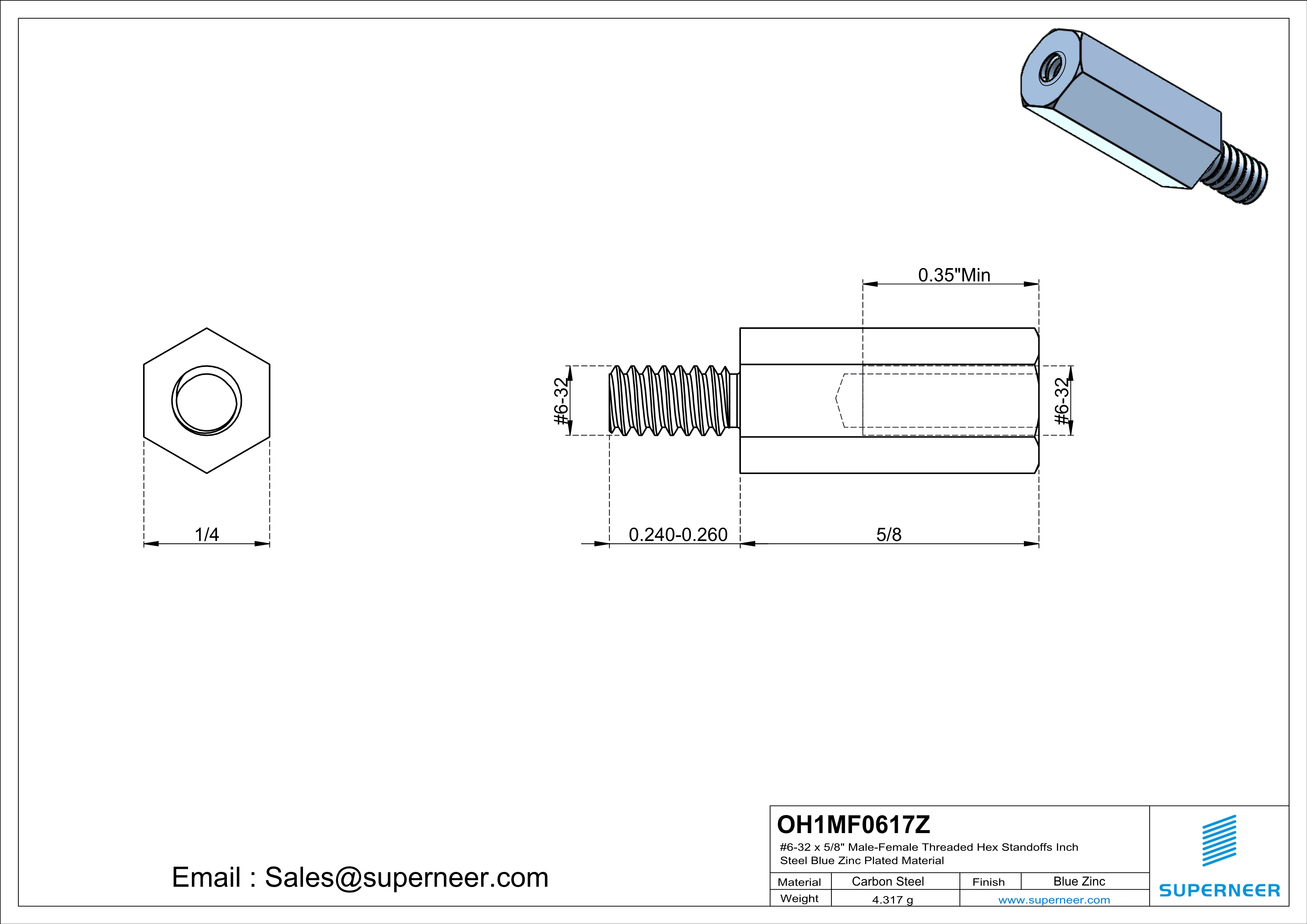 6-32 x 5/8" Male-Female Threaded Hex Standoffs Inch Steel Blue Zinc Plated Material