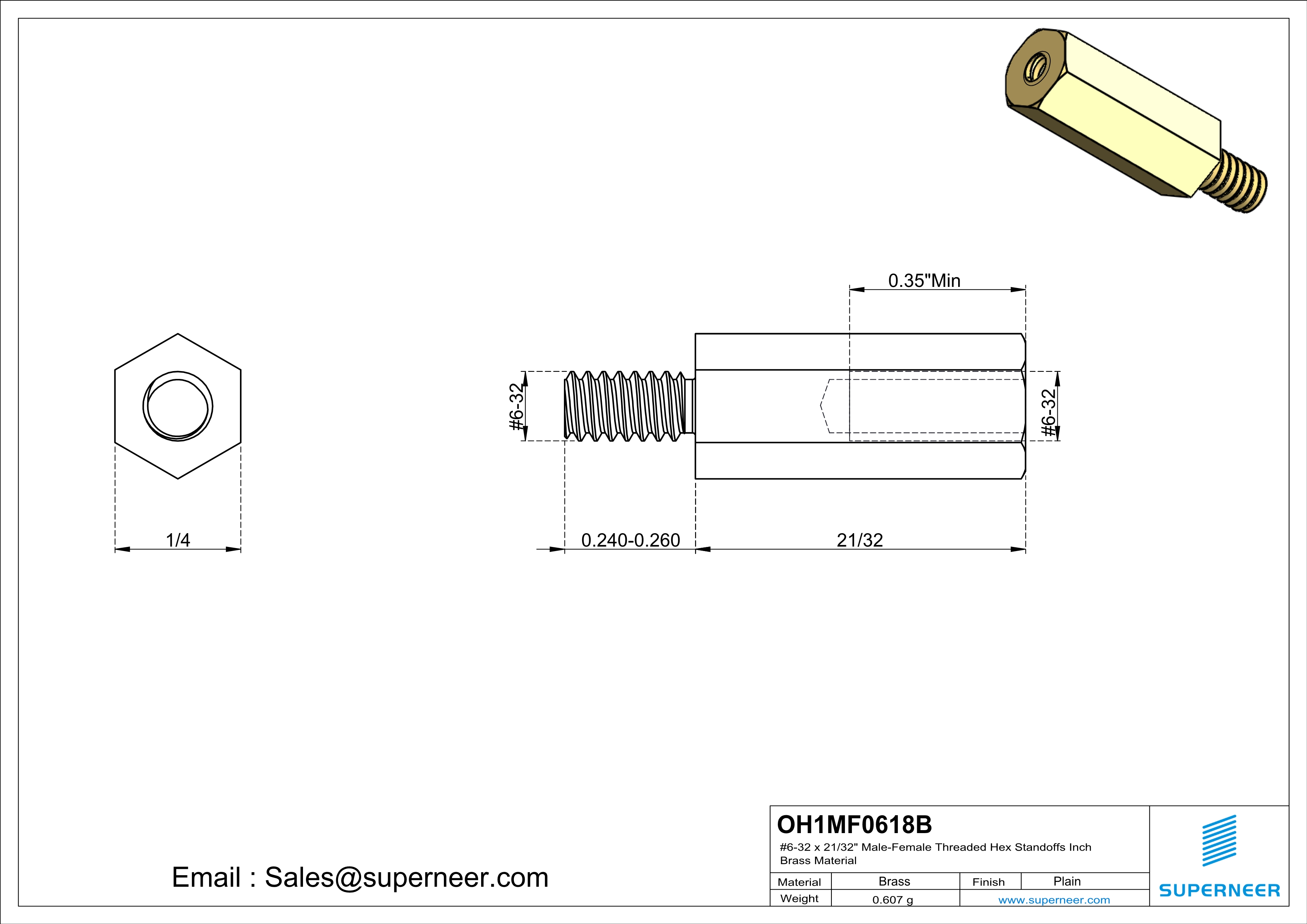 6-32 x 21/32" Male-Female Threaded Hex Standoffs Inch Brass Material