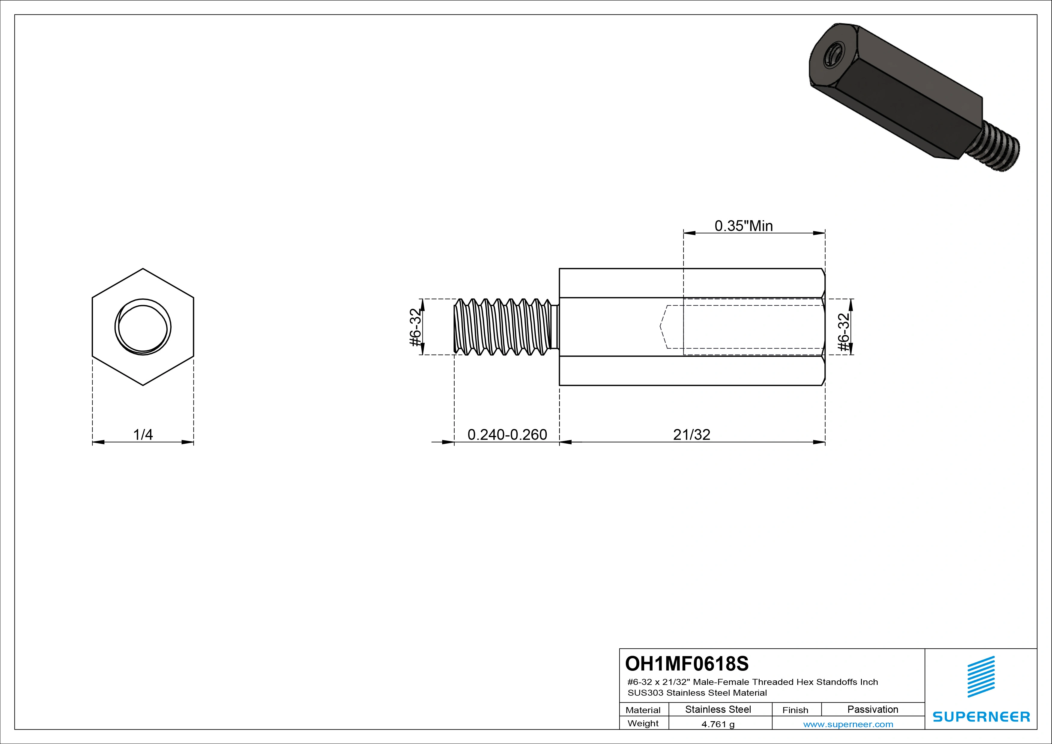 6-32 x 21/32" Male-Female Threaded Hex Standoffs Inch SUS303 Stainless Steel Inox Material