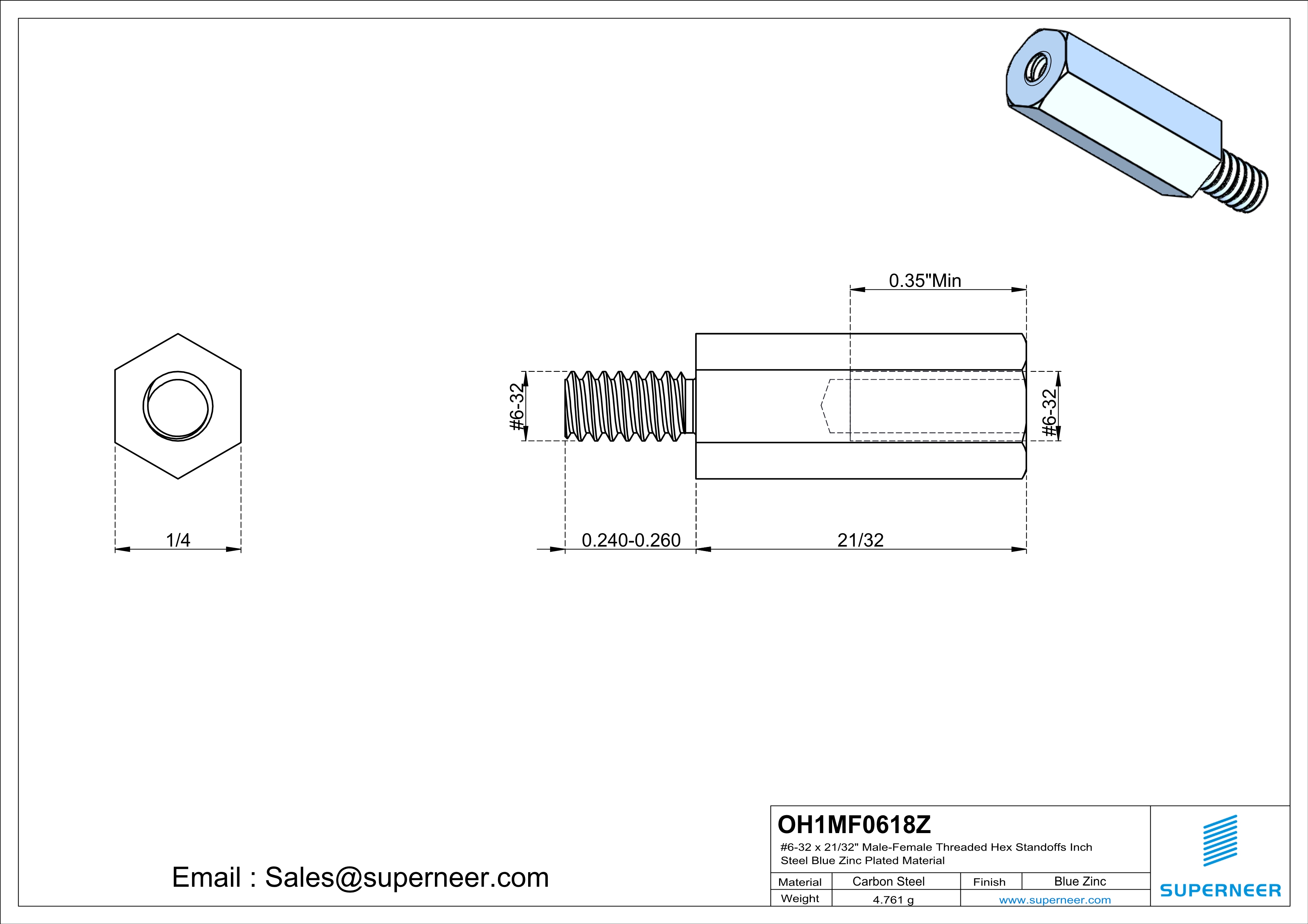 6-32 x 21/32" Male-Female Threaded Hex Standoffs Inch Steel Blue Zinc Plated Material