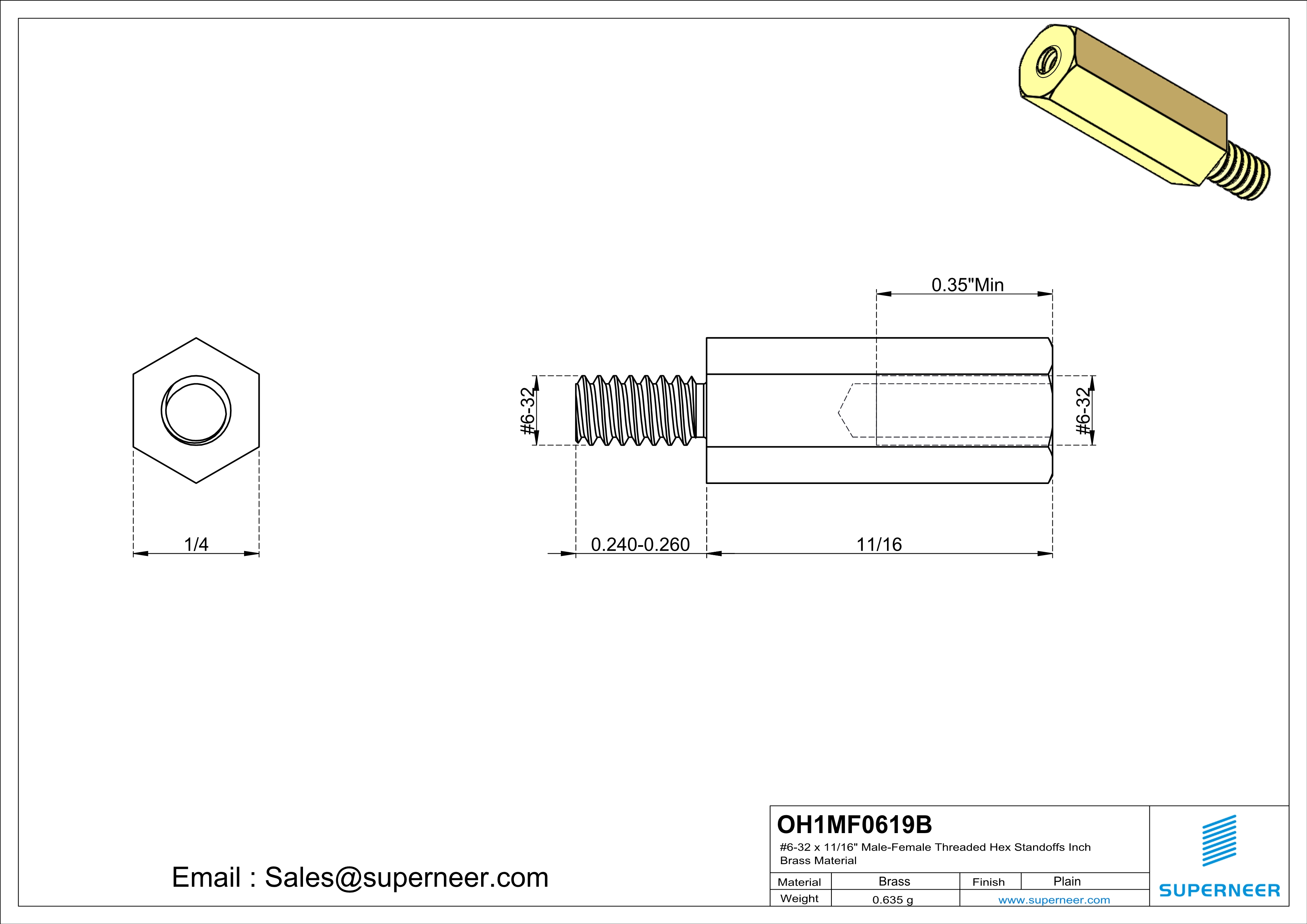 6-32 x 11/16" Male-Female Threaded Hex Standoffs Inch Brass Material