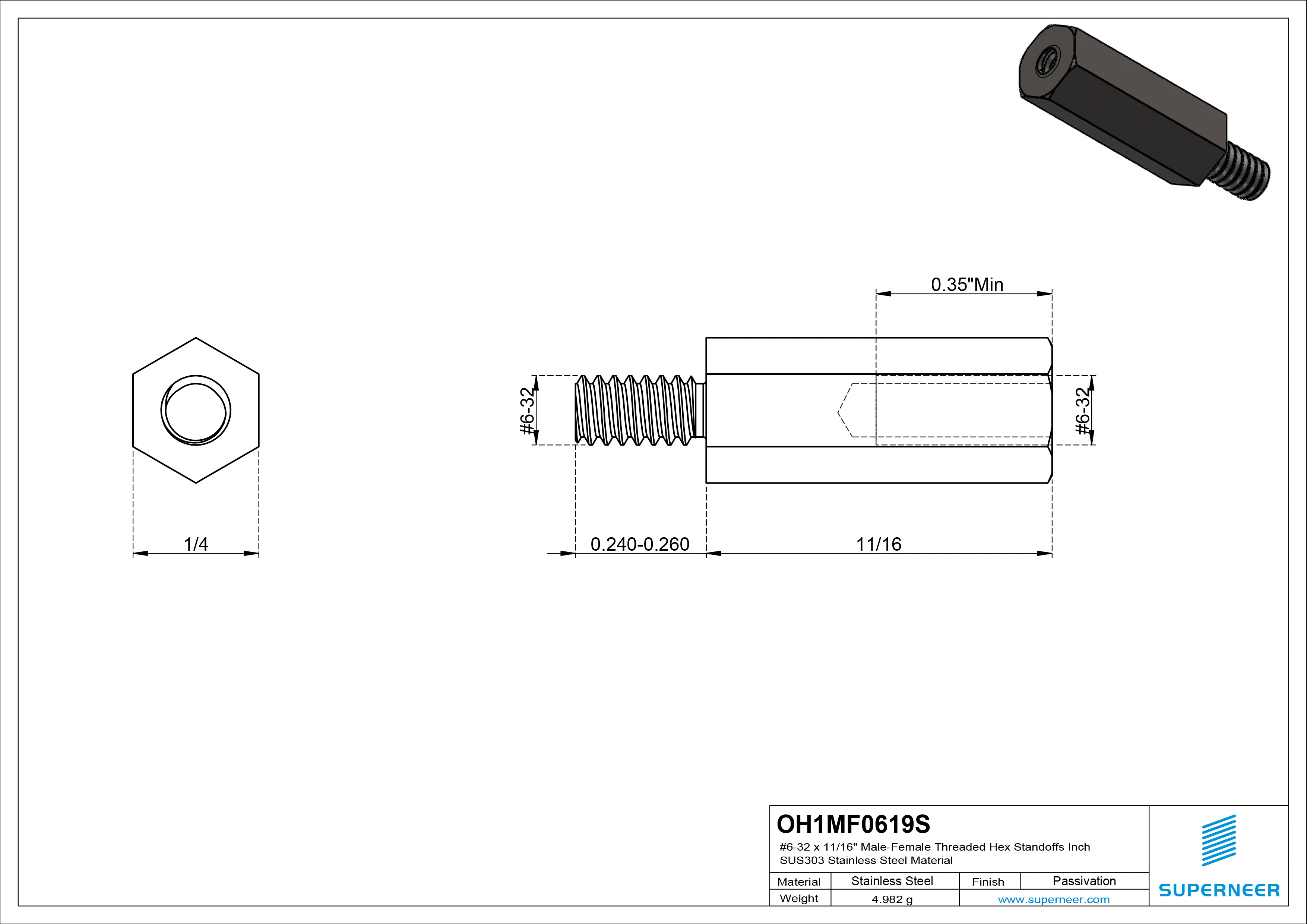 6-32 x 11/16" Male-Female Threaded Hex Standoffs Inch SUS303 Stainless Steel Inox Material