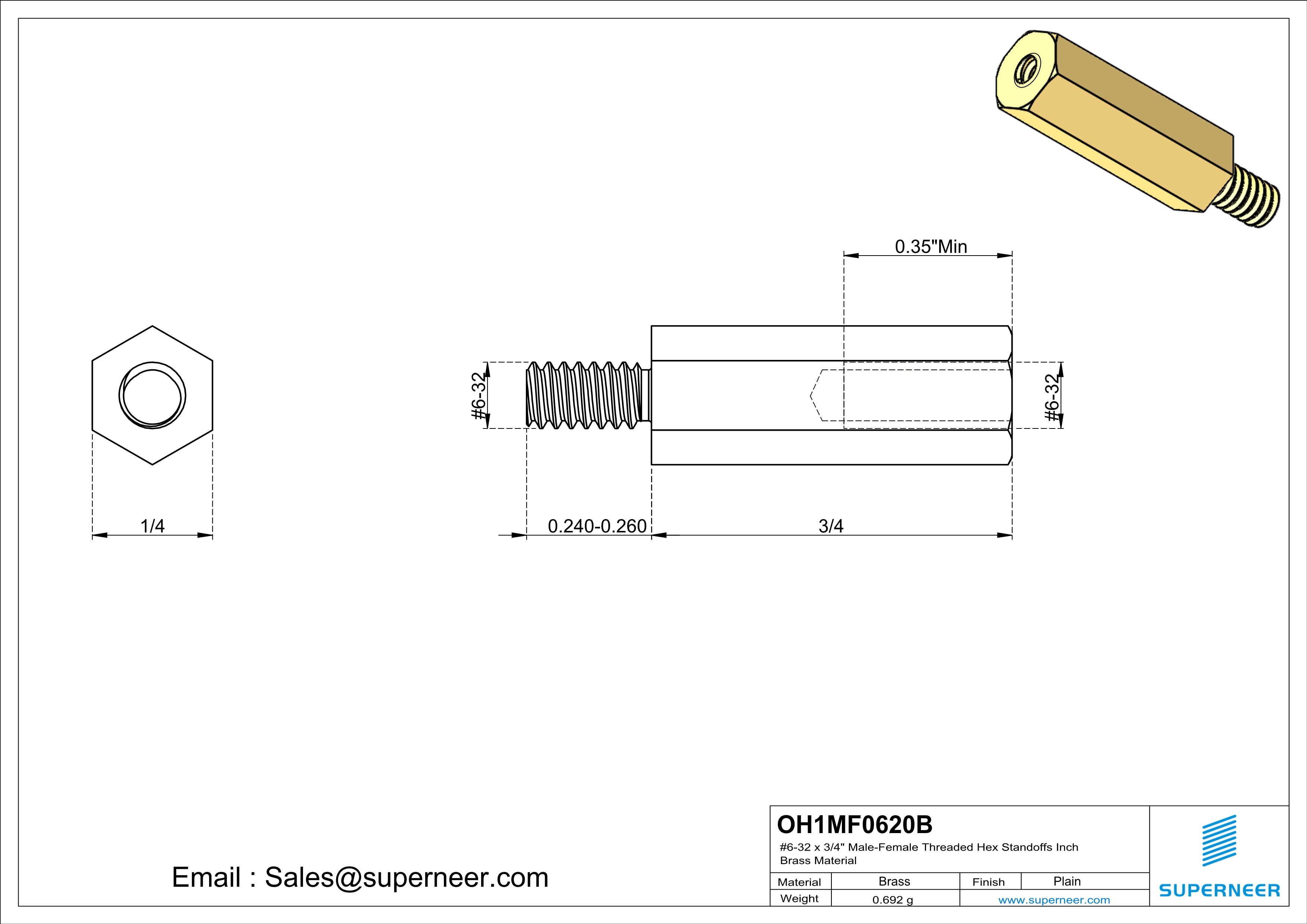 6-32 x 3/4" Male-Female Threaded Hex Standoffs Inch Brass Material