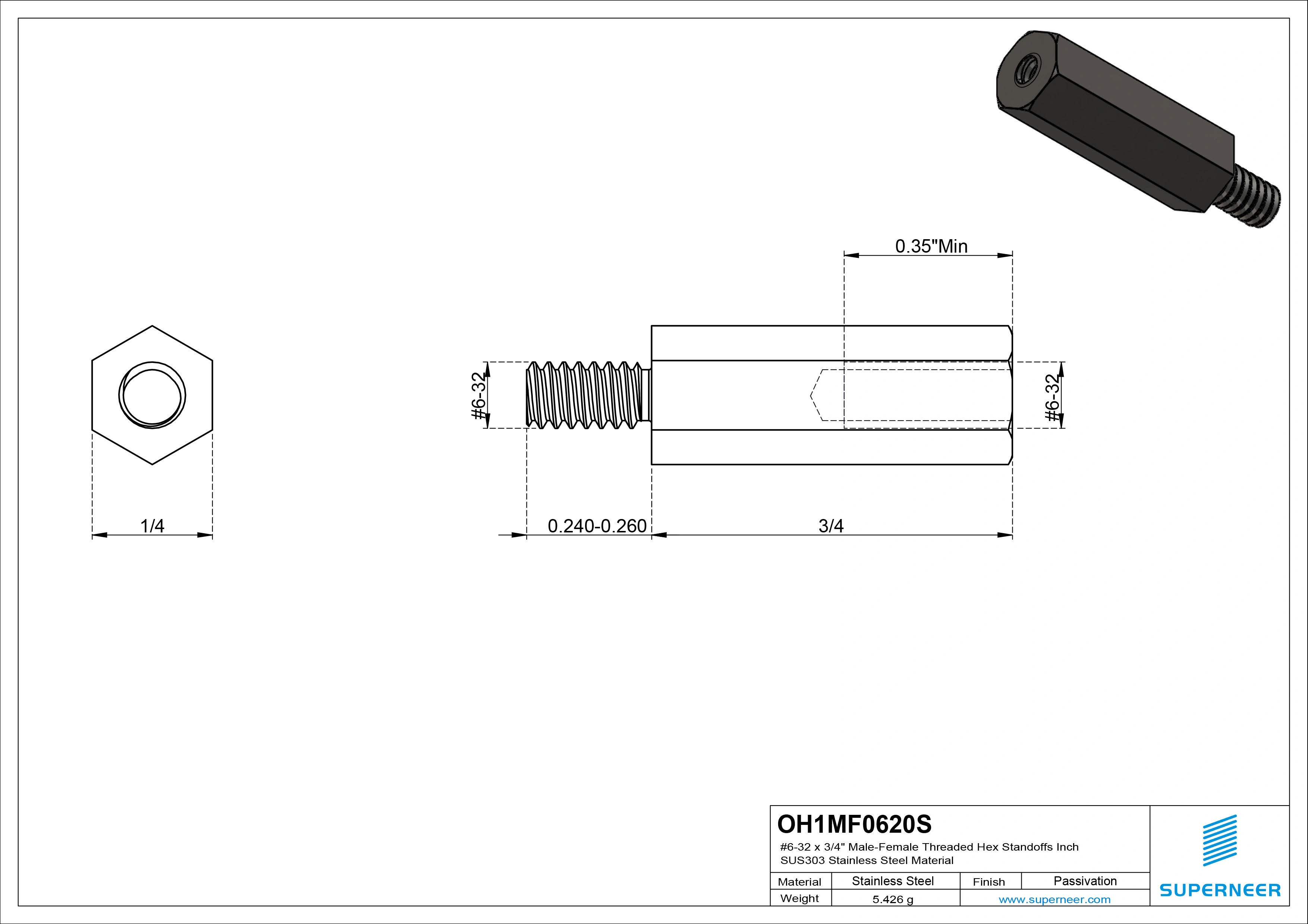 6-32 x 3/4" Male-Female Threaded Hex Standoffs Inch SUS303 Stainless Steel Inox Material