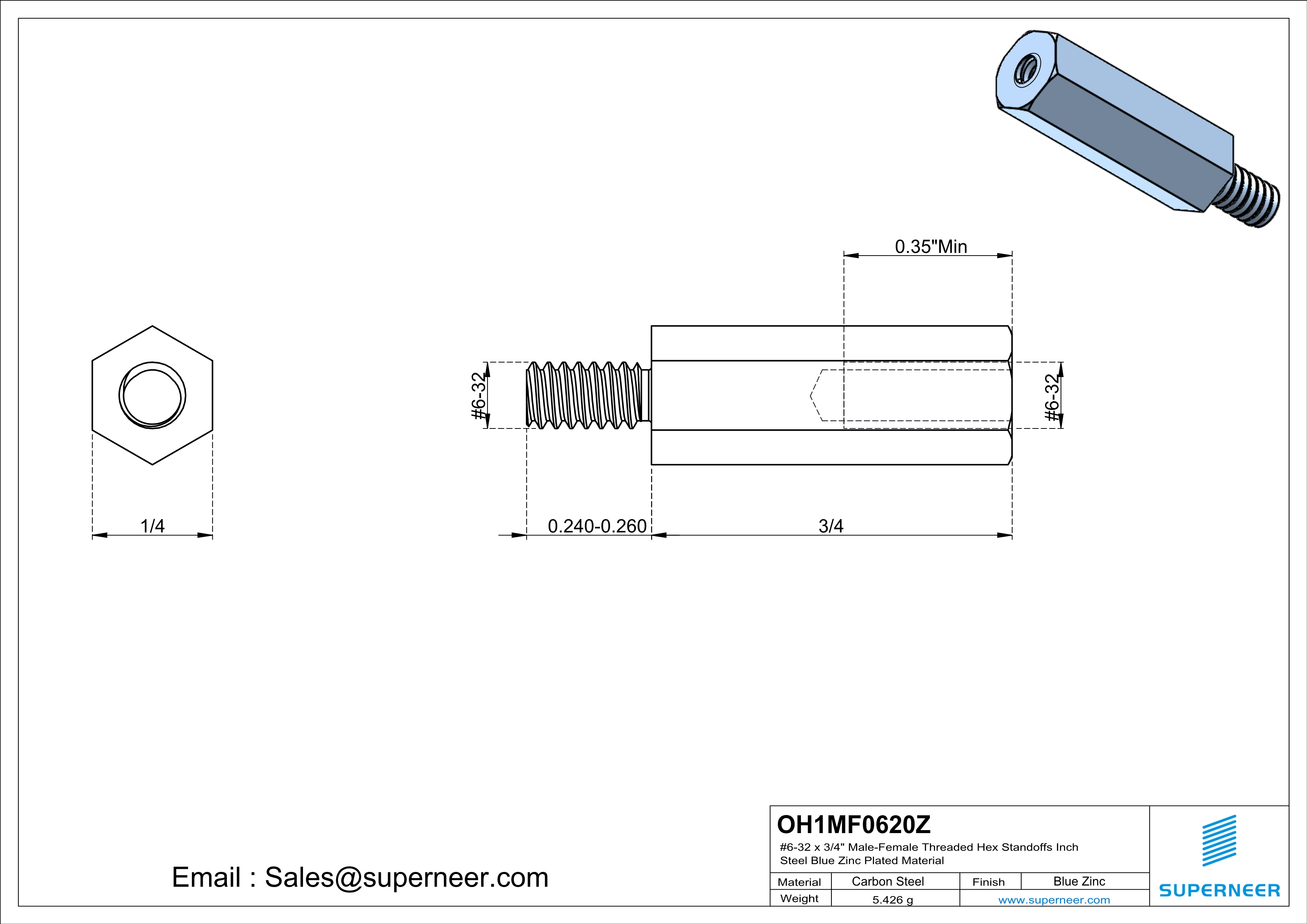 6-32 x 3/4" Male-Female Threaded Hex Standoffs Inch Steel Blue Zinc Plated Material