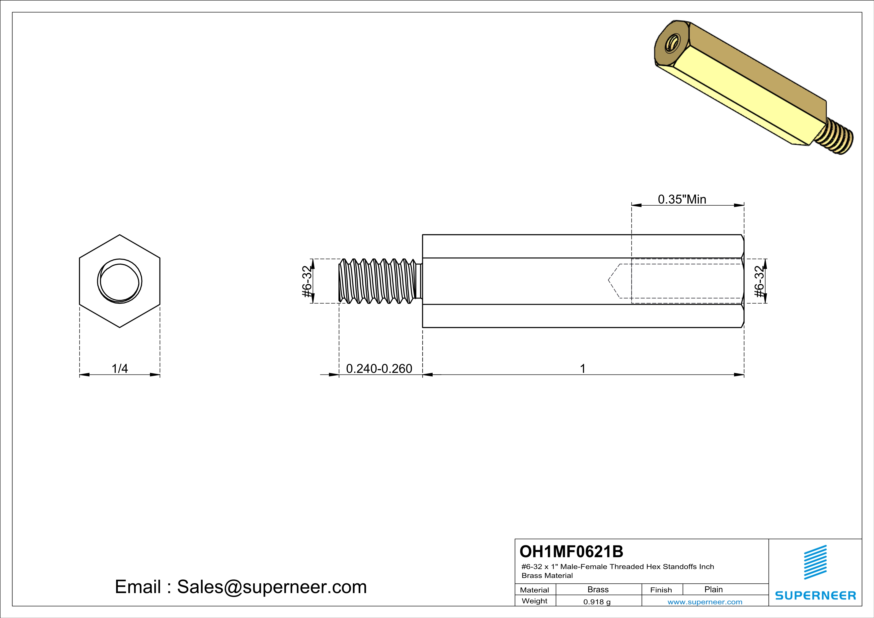 6-32 x 1" Male-Female Threaded Hex Standoffs Inch Brass Material