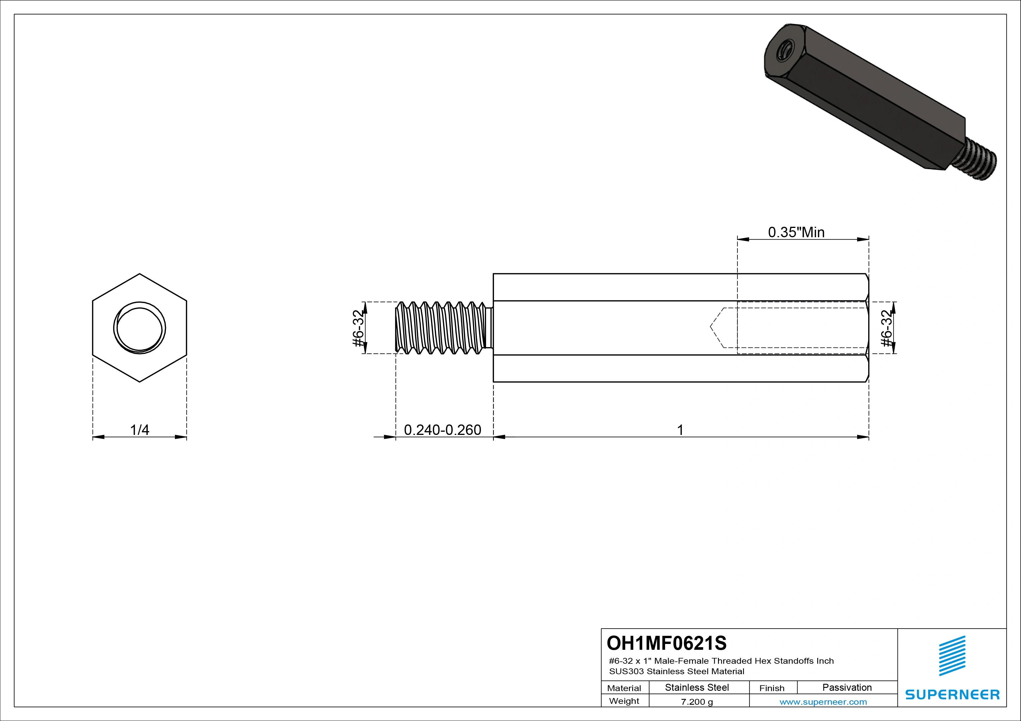 6-32 x 1" Male-Female Threaded Hex Standoffs Inch SUS303 Stainless Steel Inox Material