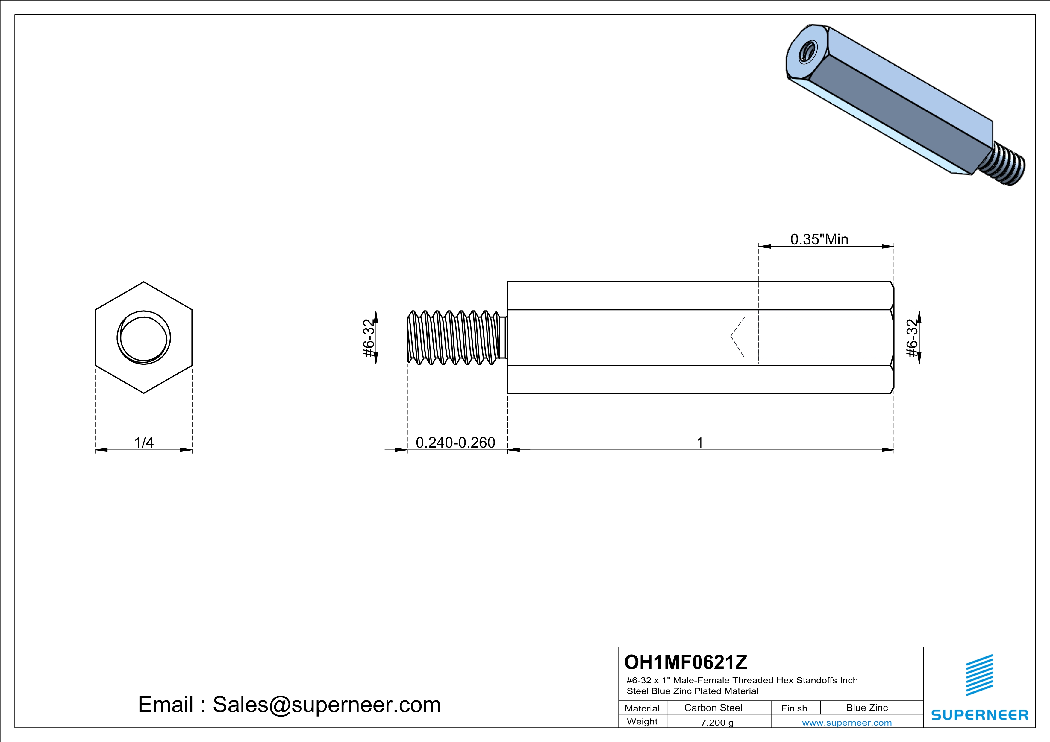 6-32 x 1" Male-Female Threaded Hex Standoffs Inch Steel Blue Zinc Plated Material