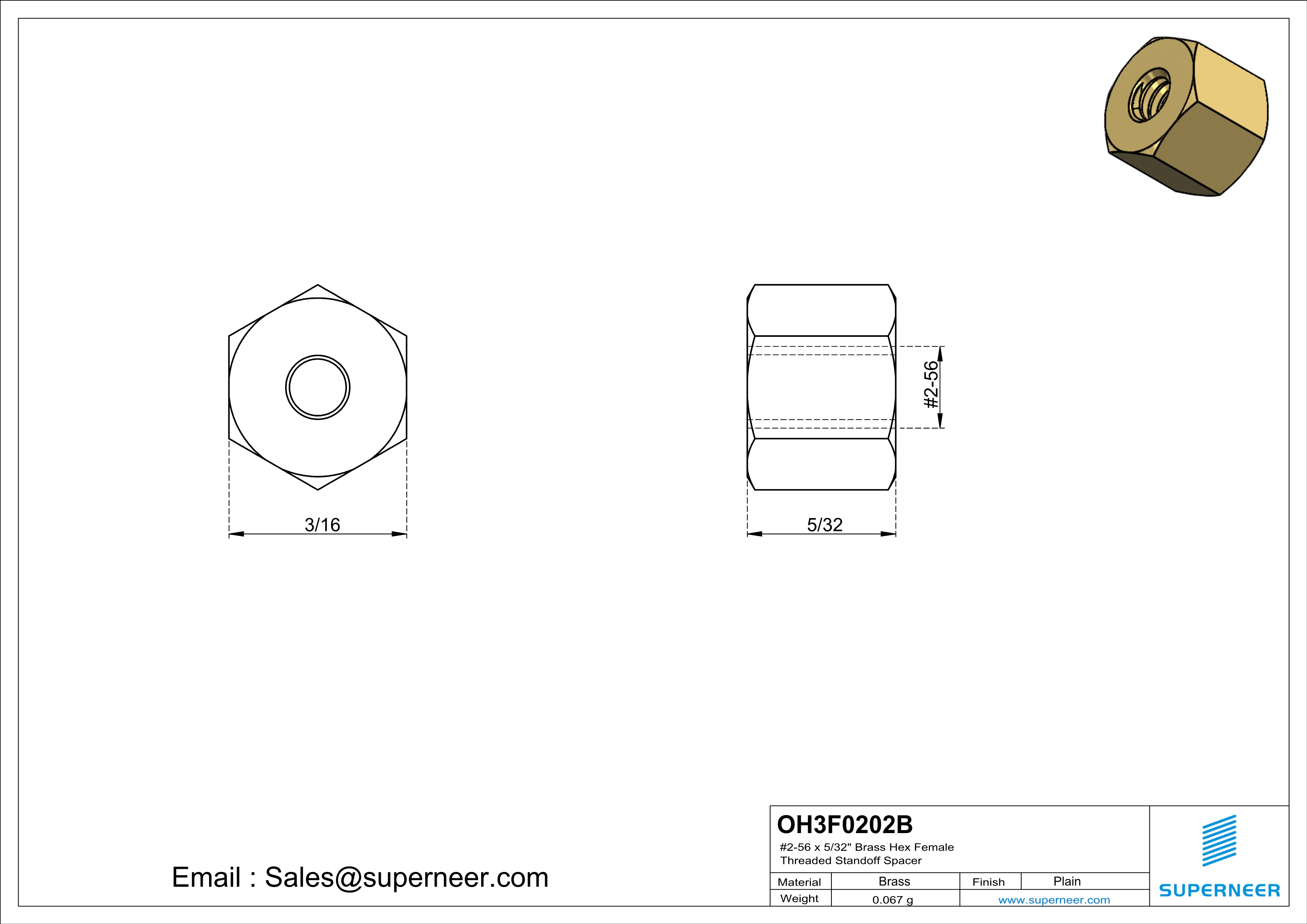 2-56 x 5/32" Brass Hex Female Threaded Standoff Spacer