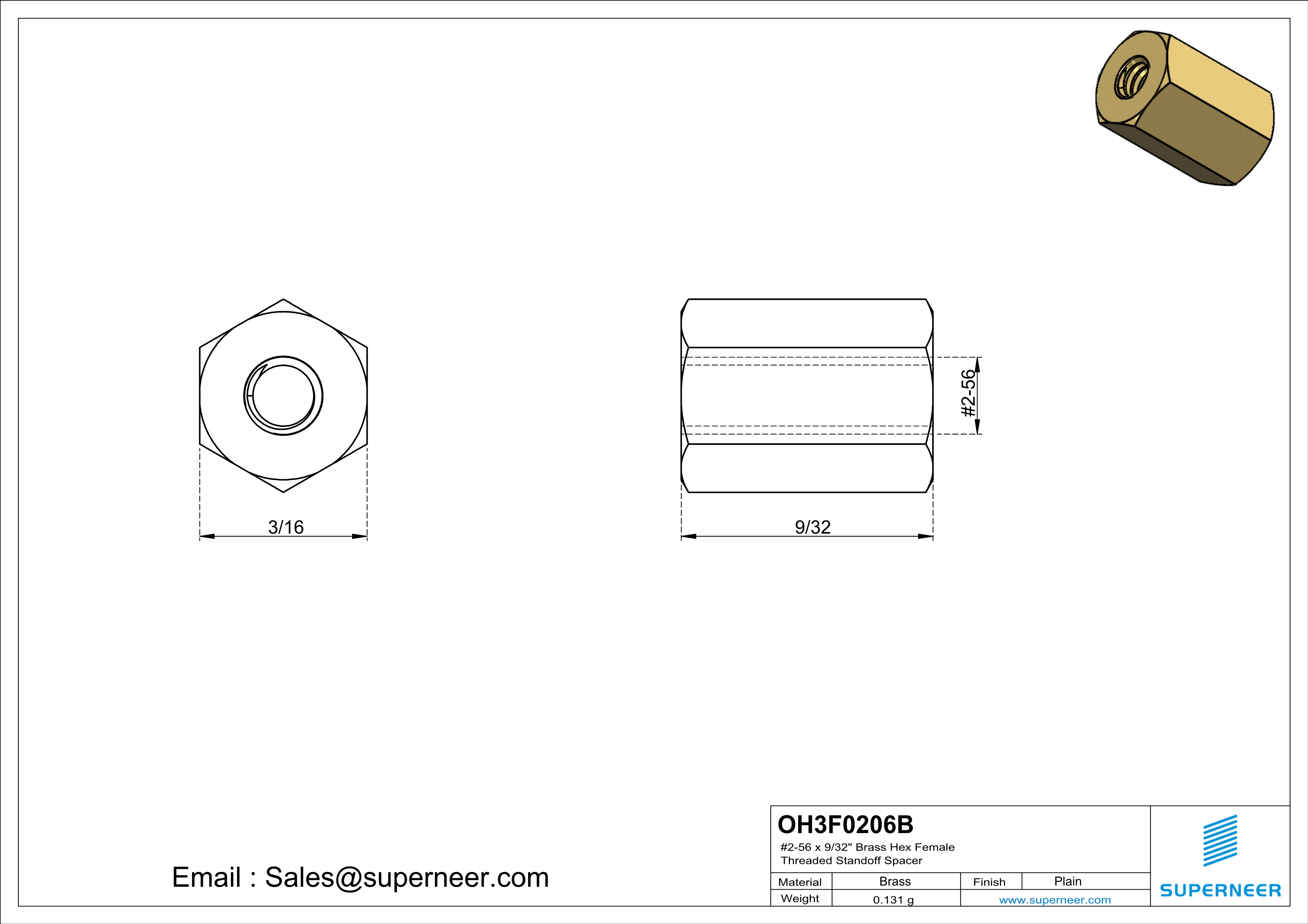 2-56 x 9/32" Brass Hex Female Threaded Standoff Spacer