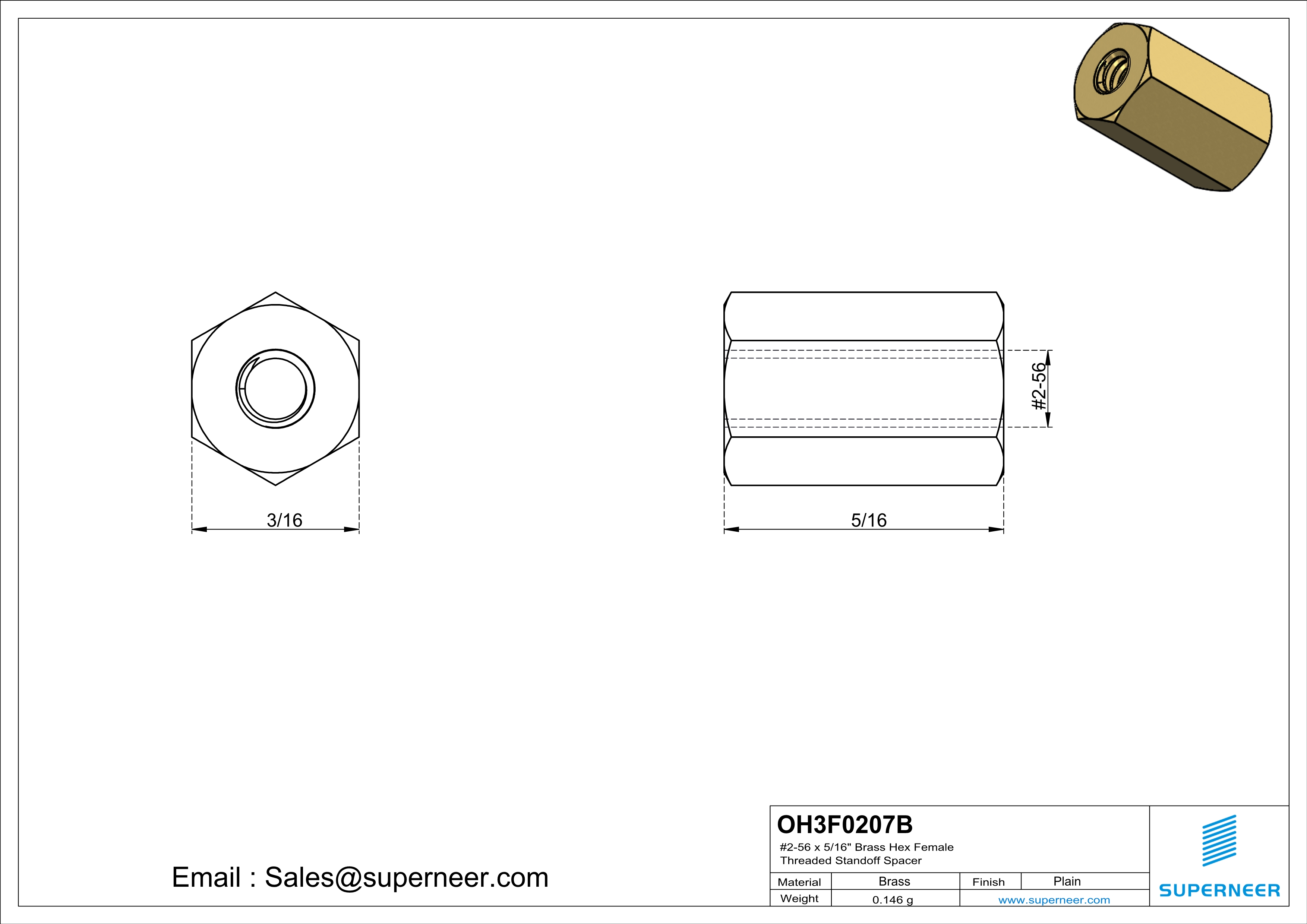 2-56 x 5/16" Brass Hex Female Threaded Standoff Spacer