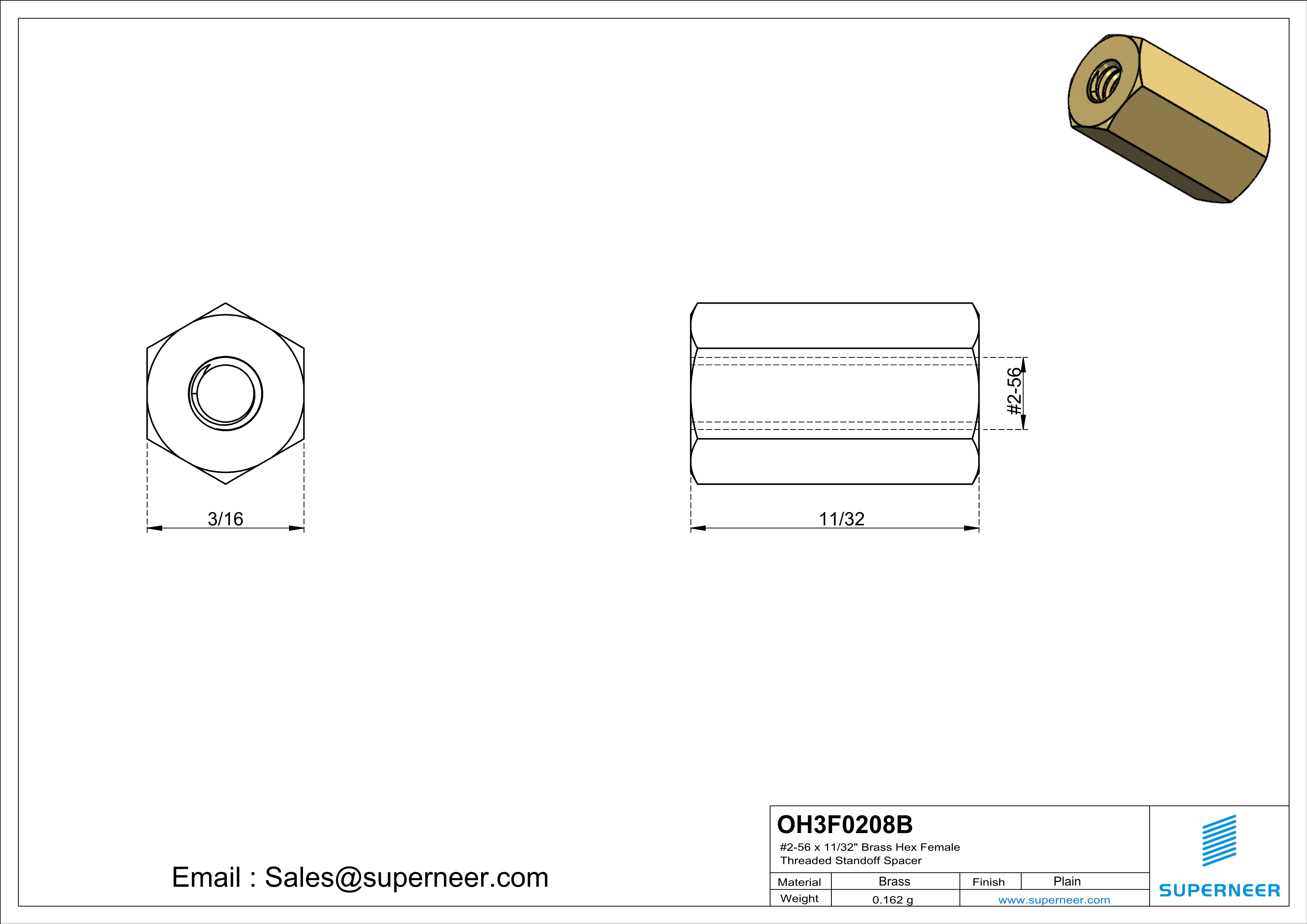 2-56 x 11/32" Brass Hex Female Threaded Standoff Spacer