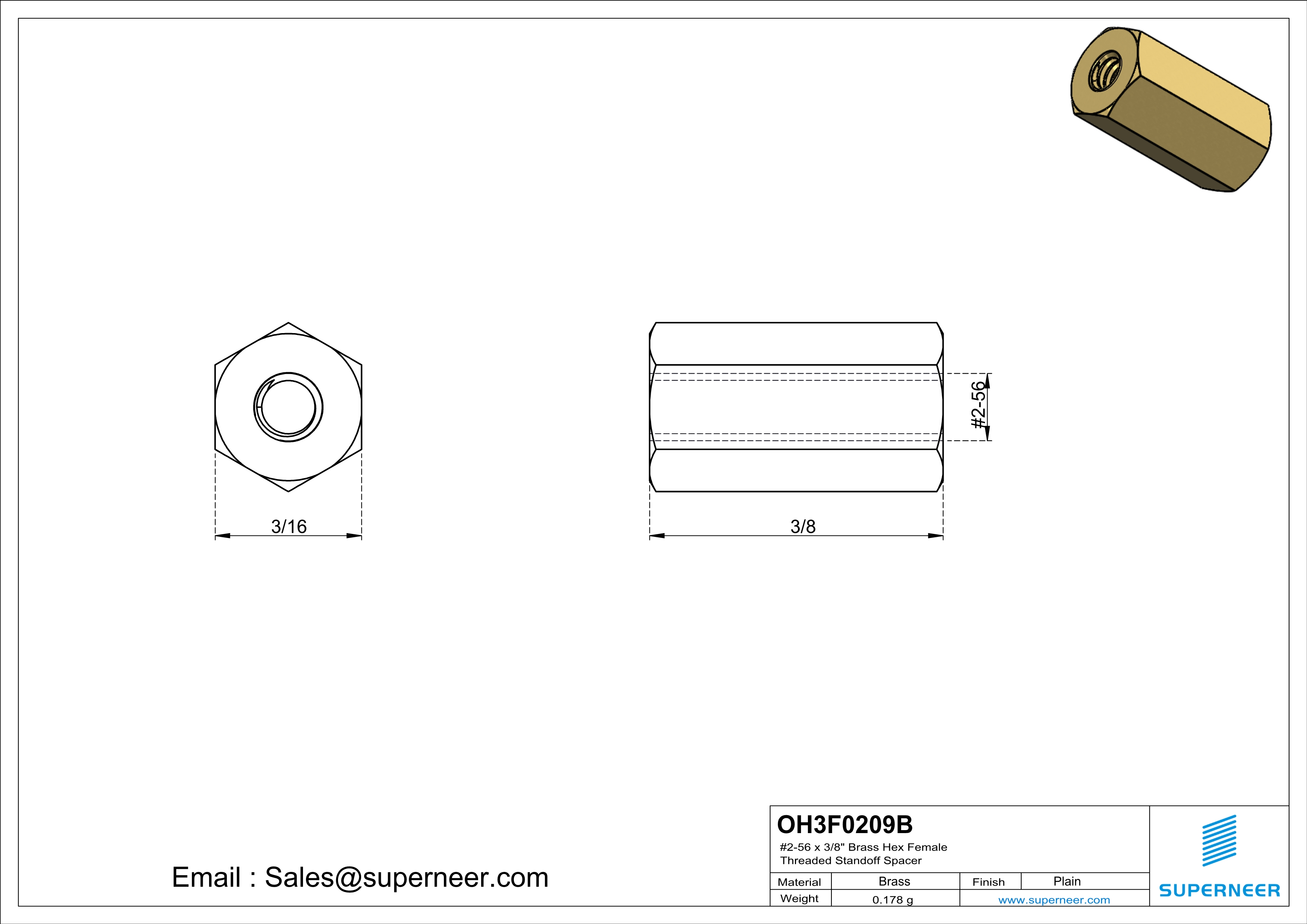 2-56 x 3/8" Brass Hex Female Threaded Standoff Spacer