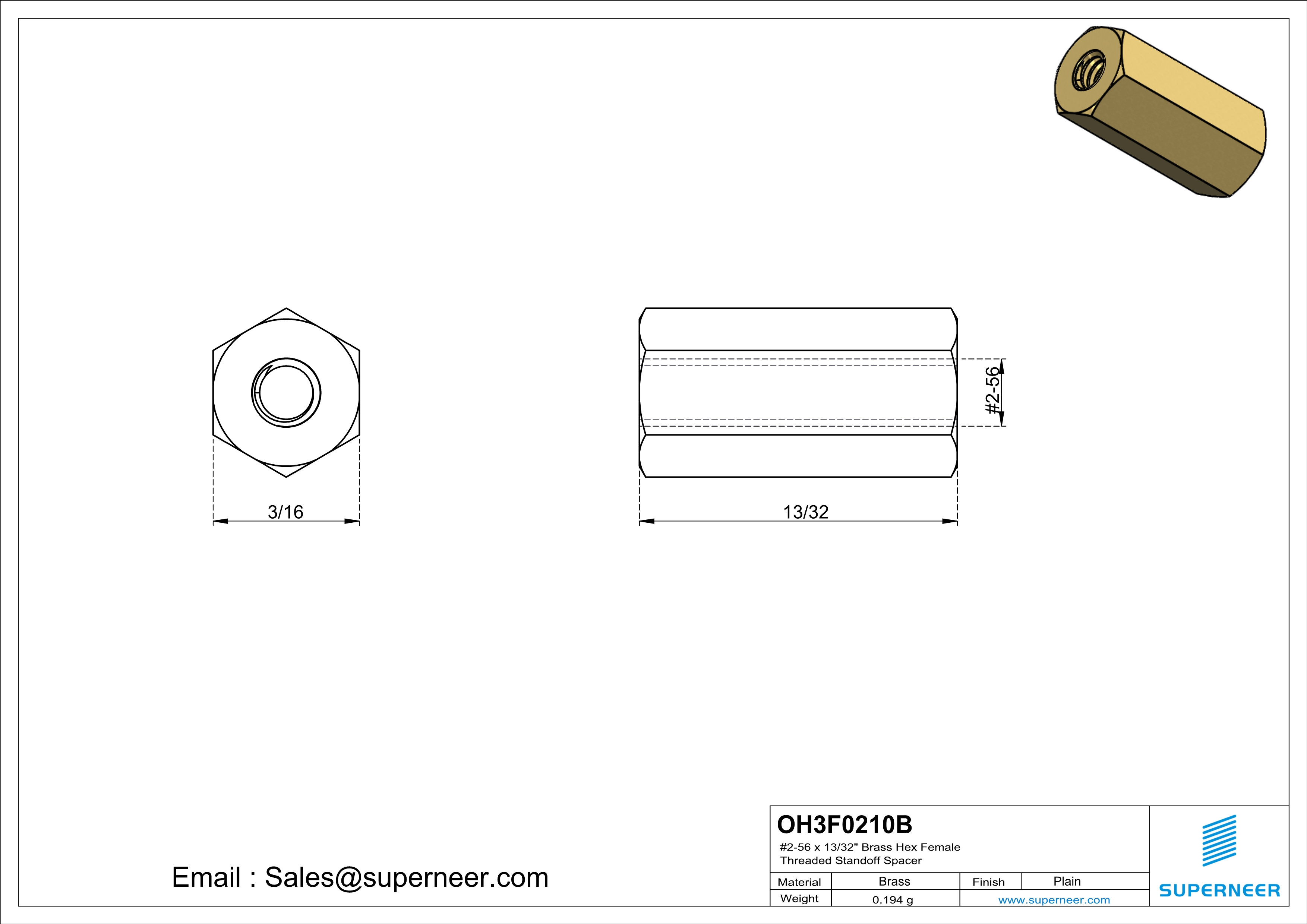 2-56 x 13/32" Brass Hex Female Threaded Standoff Spacer