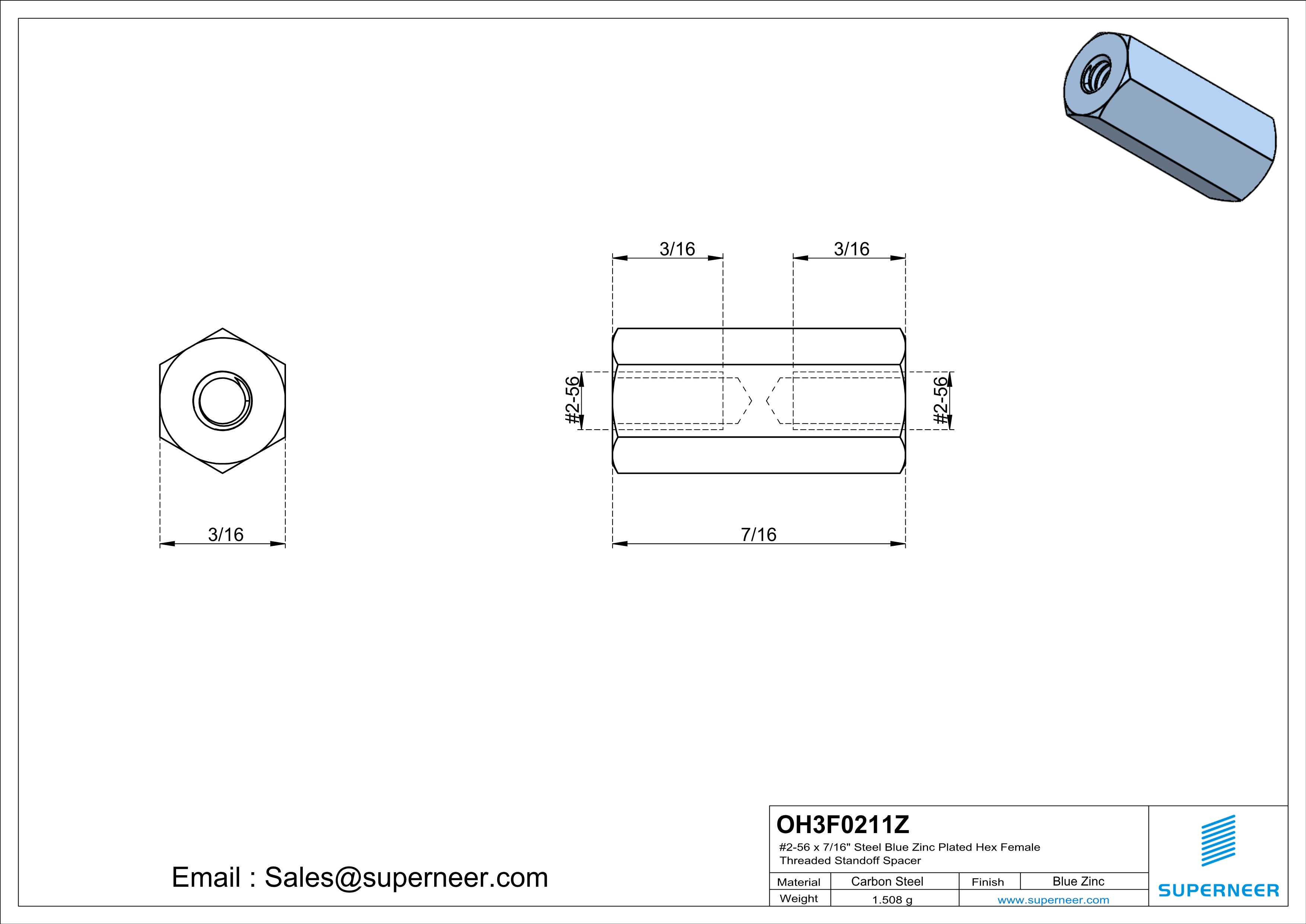 2-56 x 7/16" Steel Blue Zinc Plated Hex Female Threaded Standoff Spacer