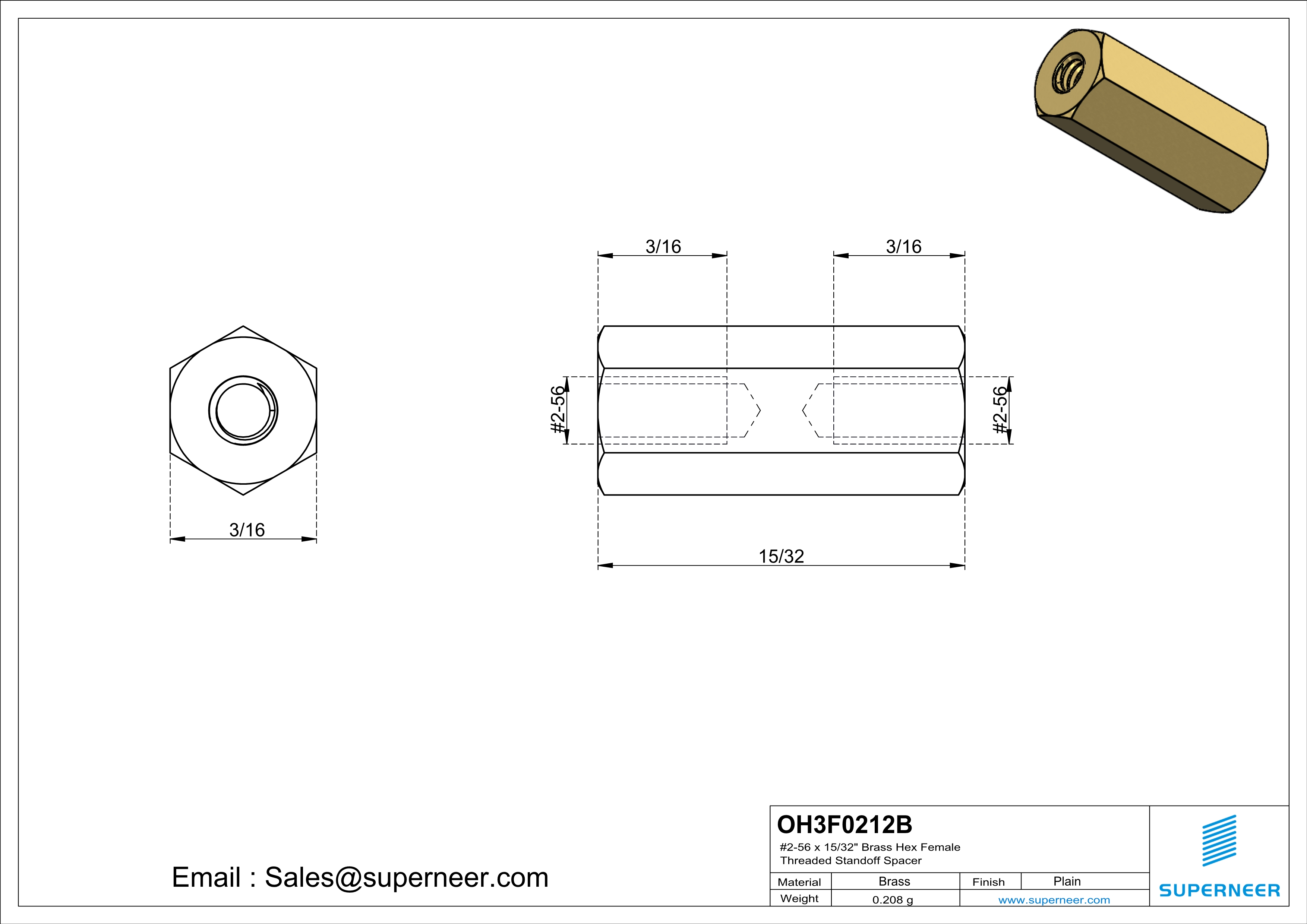 2-56 x 15/32" Brass Hex Female Threaded Standoff Spacer