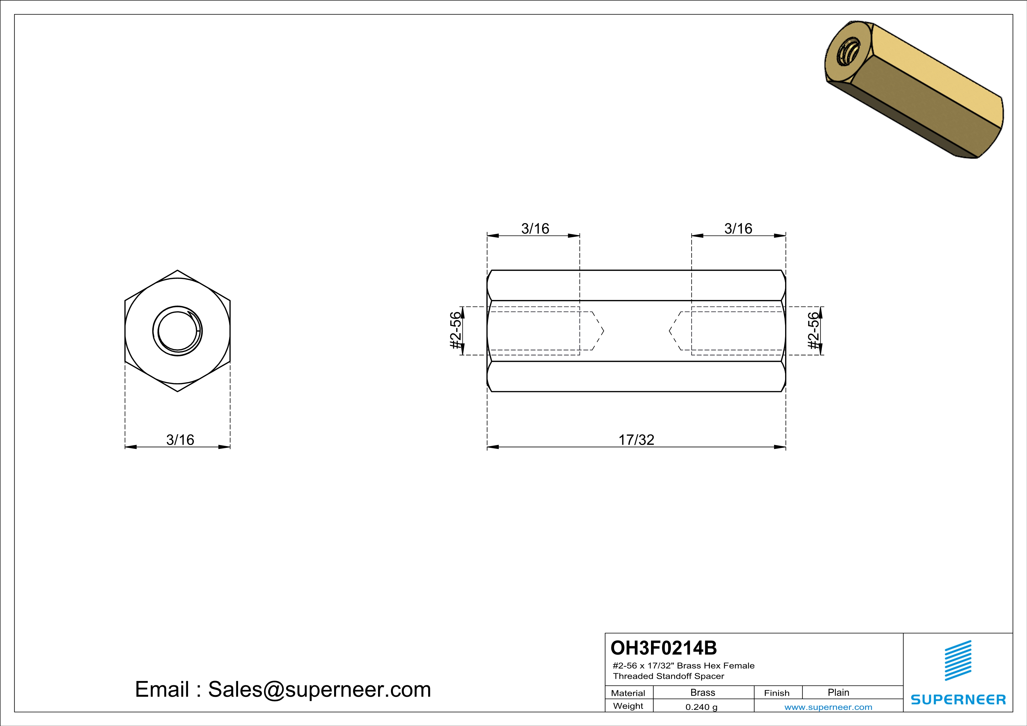 2-56 x 17/32" Brass Hex Female Threaded Standoff Spacer