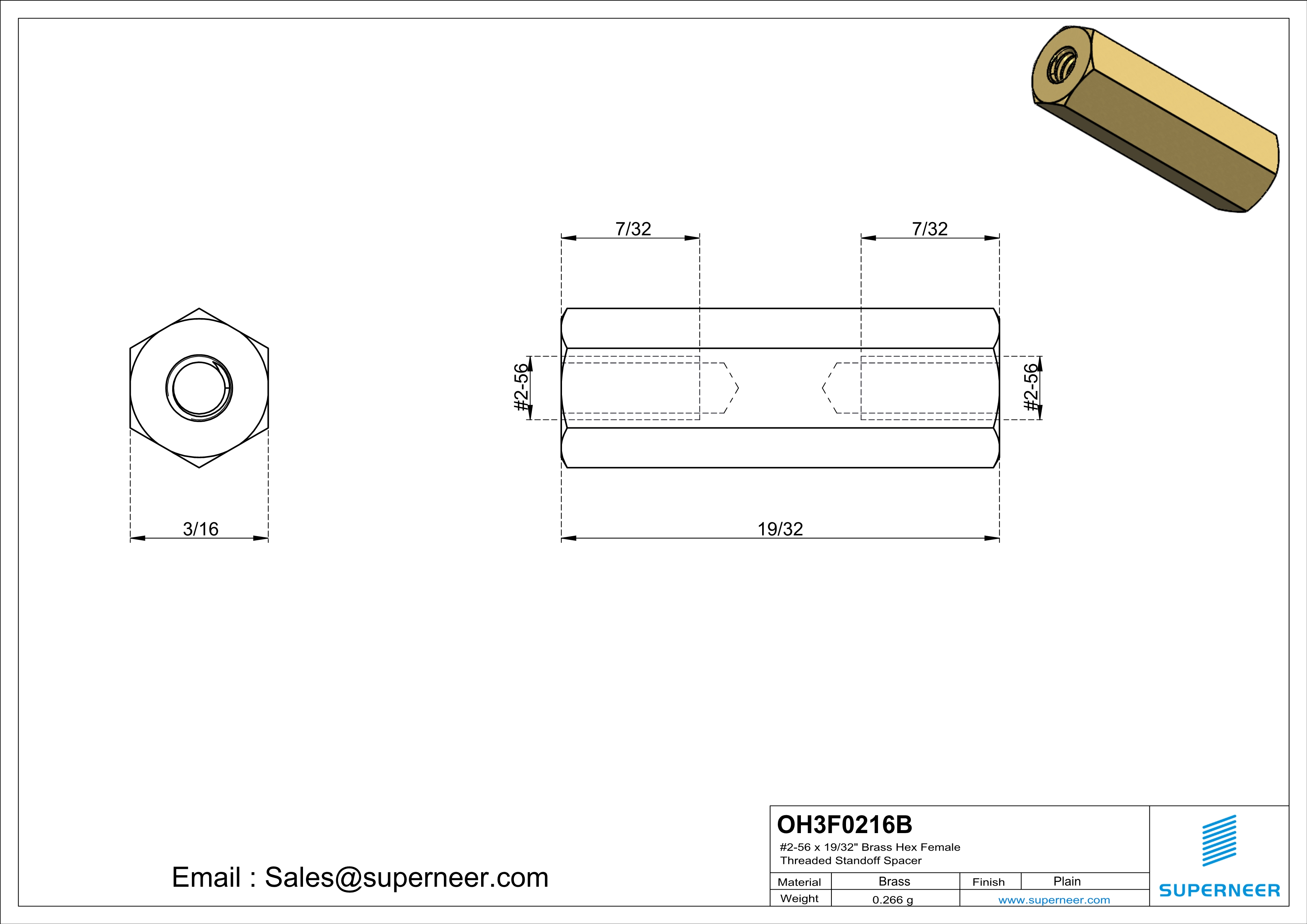 2-56 x 19/32" Brass Hex Female Threaded Standoff Spacer