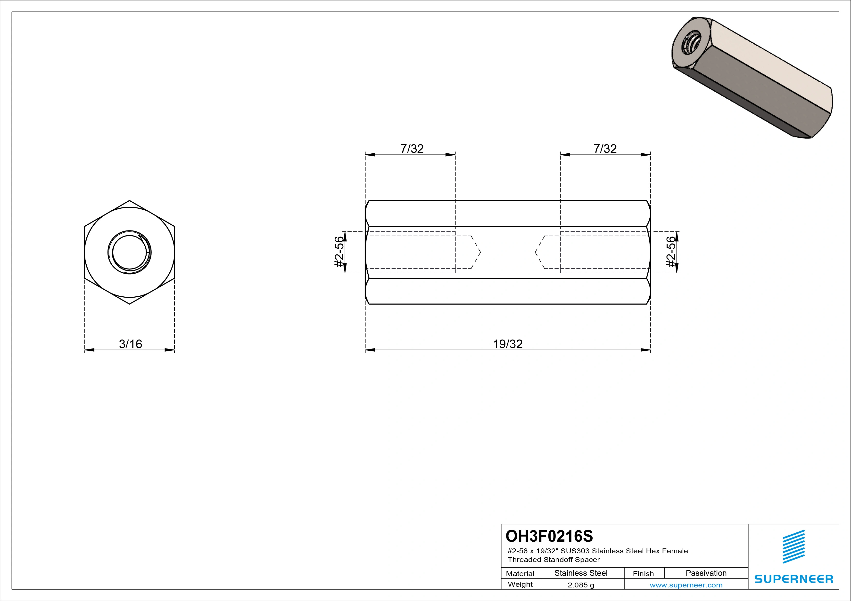 2-56 x 19/32" SUS303 Stainless Steel Inox Hex Female Threaded Standoff Spacer