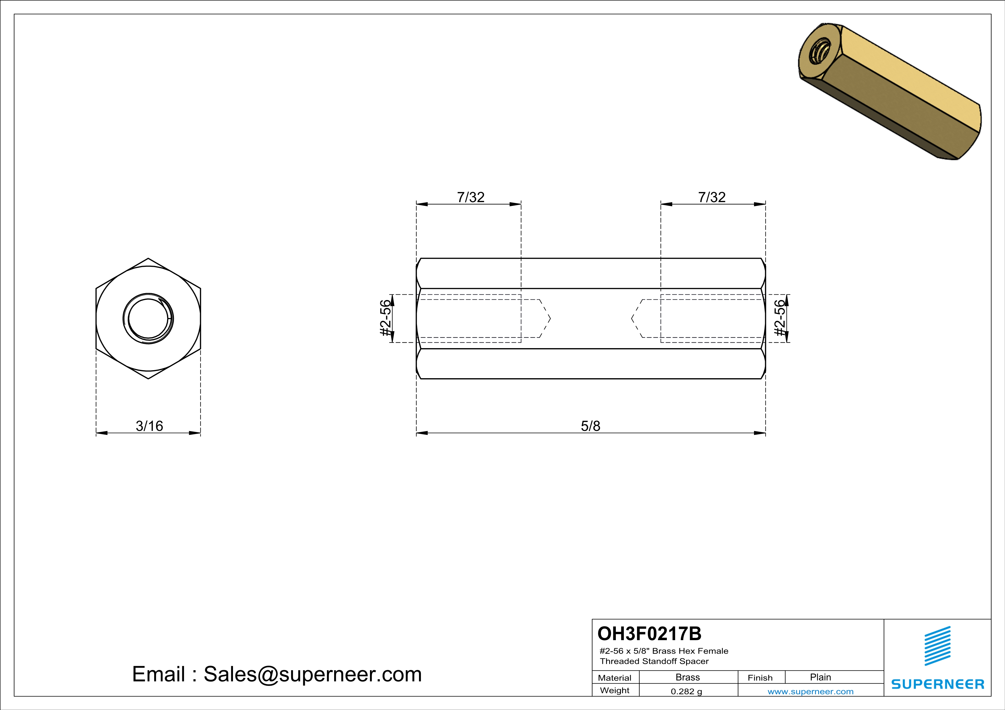 2-56 x 5/8" Brass Hex Female Threaded Standoff Spacer