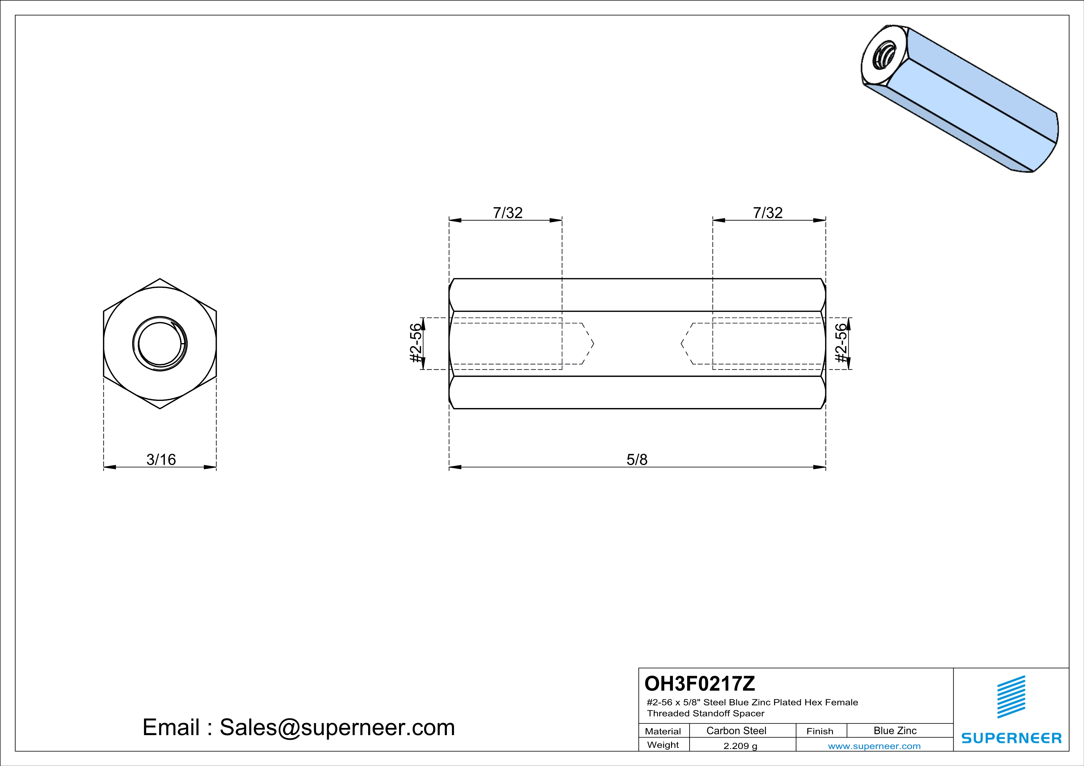 2-56 x 5/8" Steel Blue Zinc Plated Hex Female Threaded Standoff Spacer