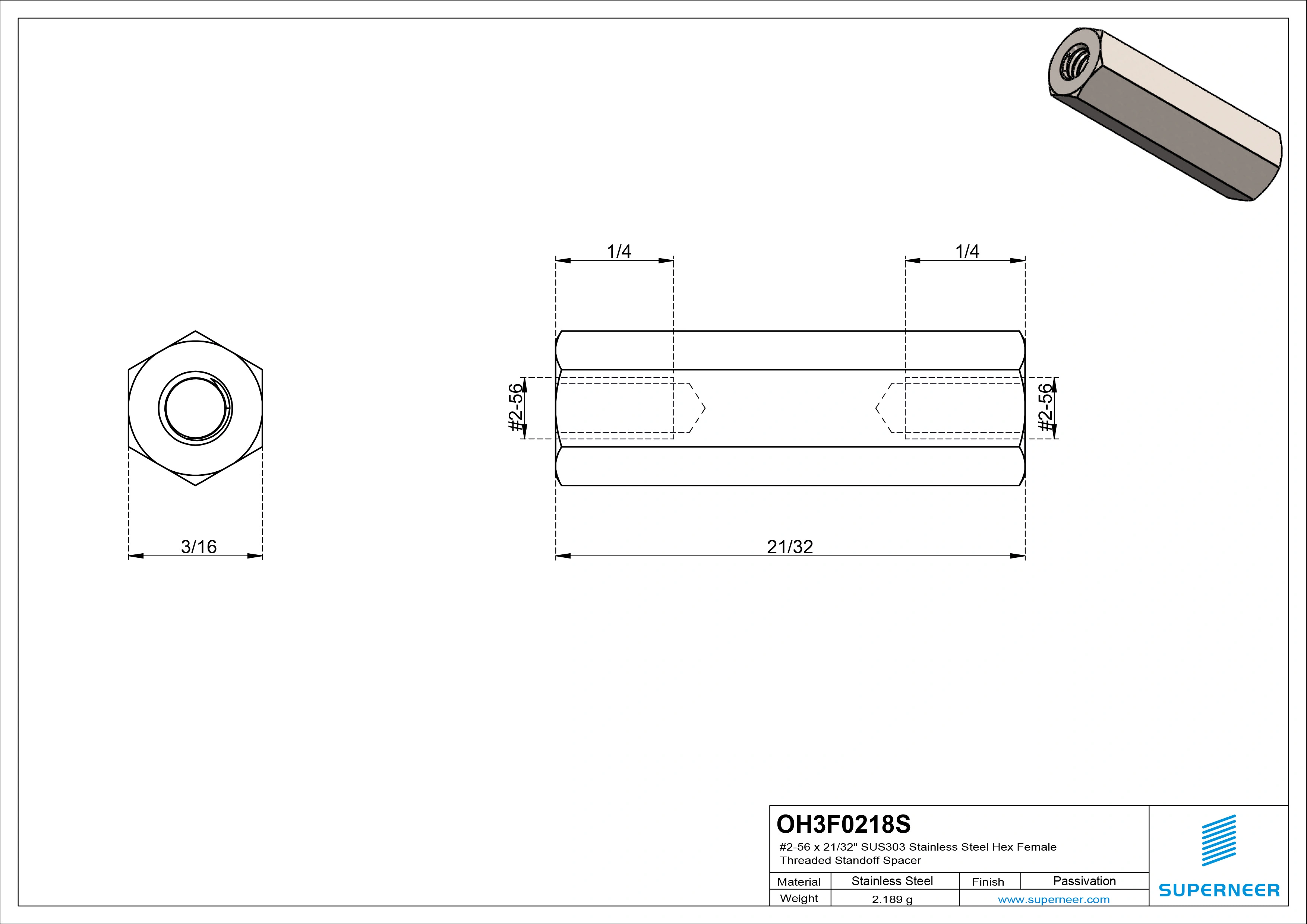 2-56 x 21/32" SUS303 Stainless Steel Inox Hex Female Threaded Standoff Spacer