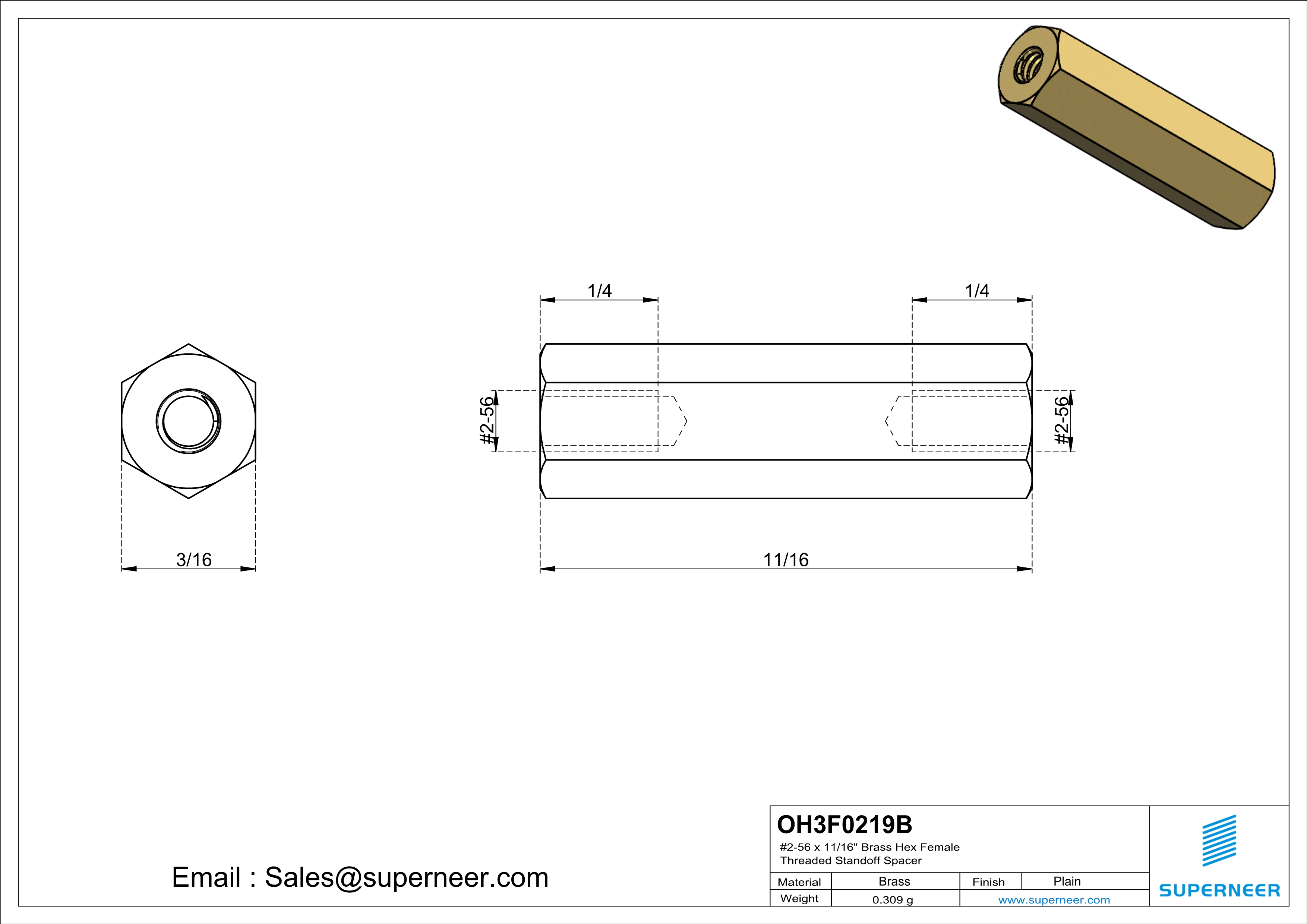 2-56 x 11/16" Brass Hex Female Threaded Standoff Spacer