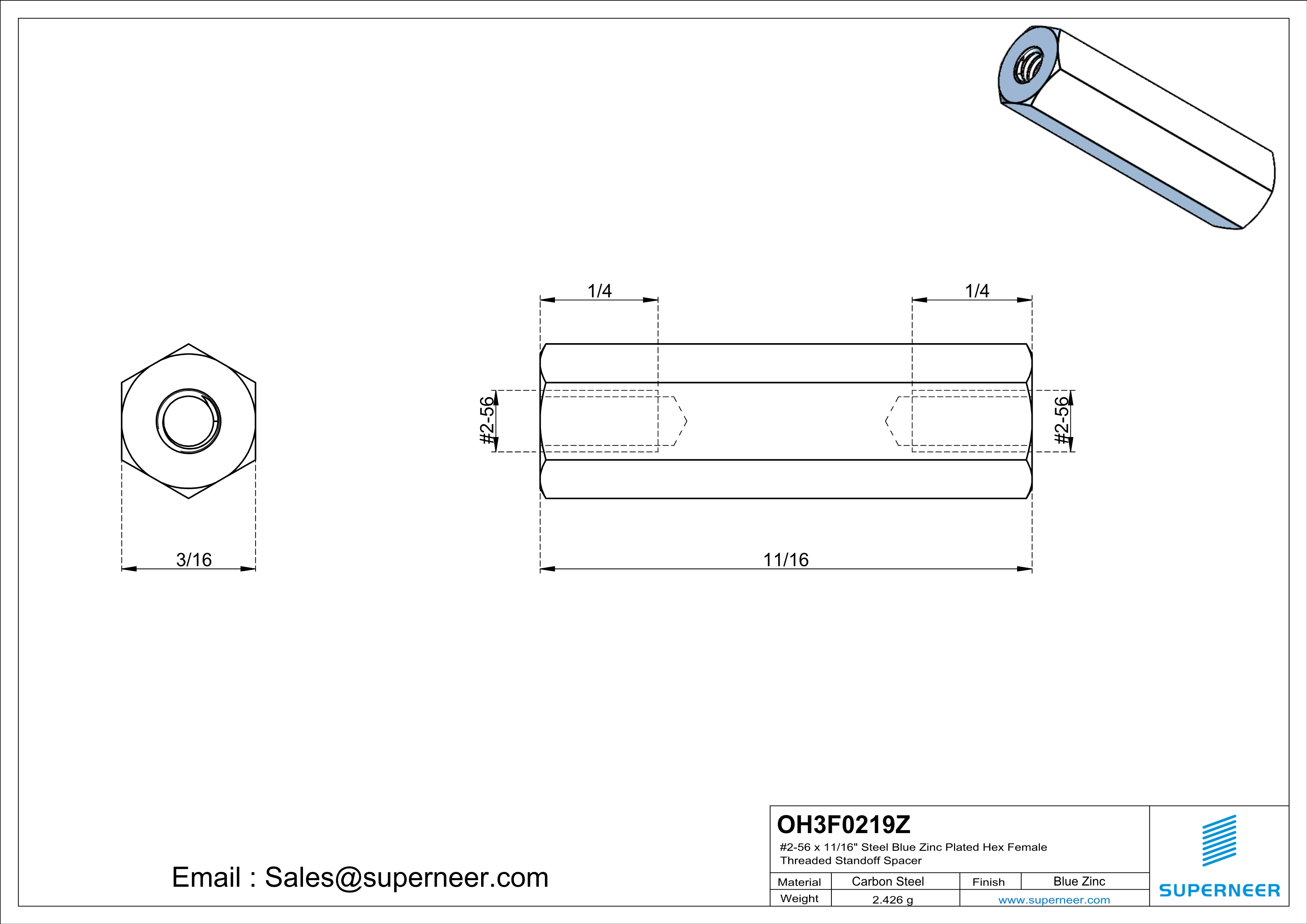 2-56 x 11/16" Steel Blue Zinc Plated Hex Female Threaded Standoff Spacer