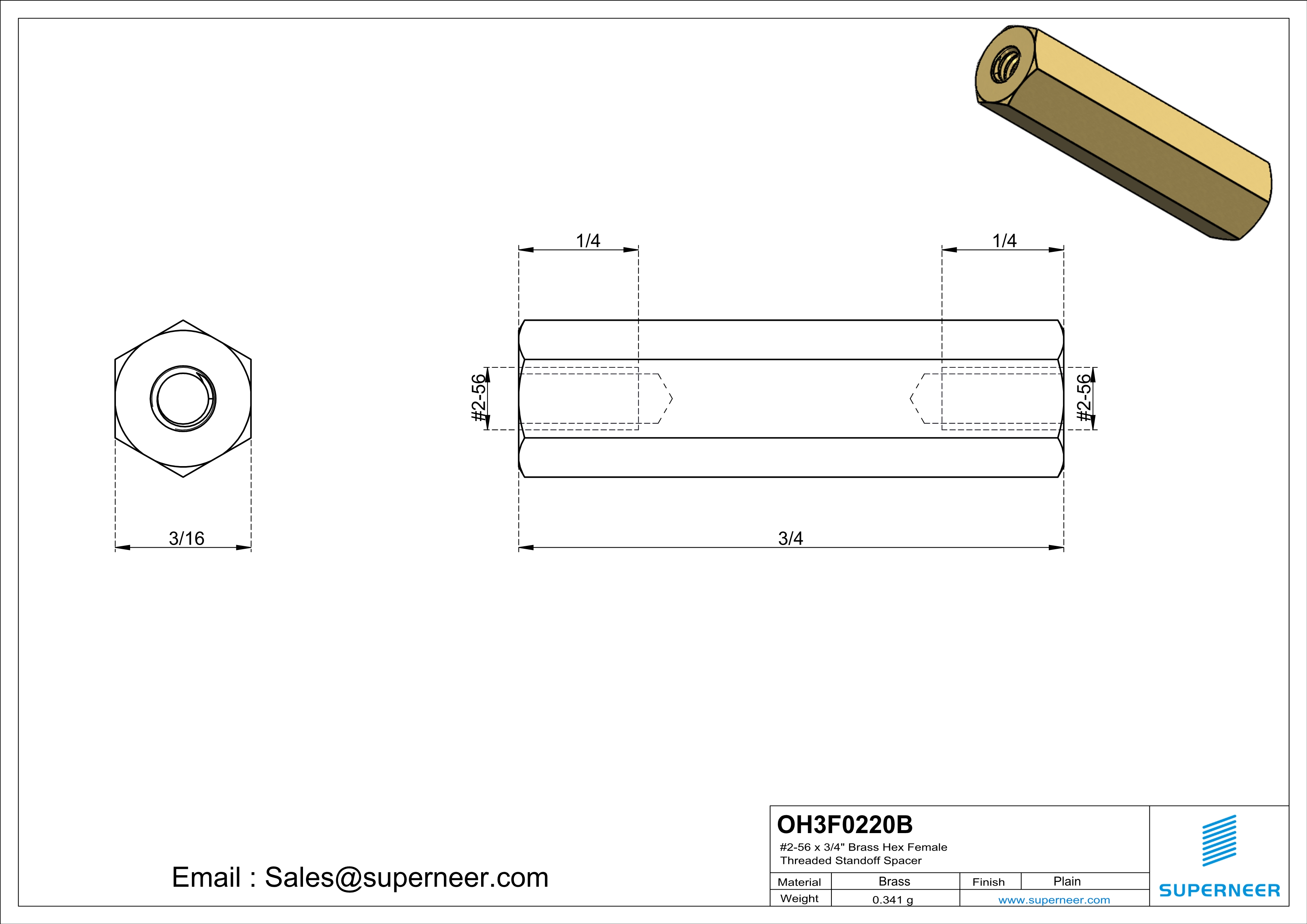 2-56 x 3/4" Brass Hex Female Threaded Standoff Spacer