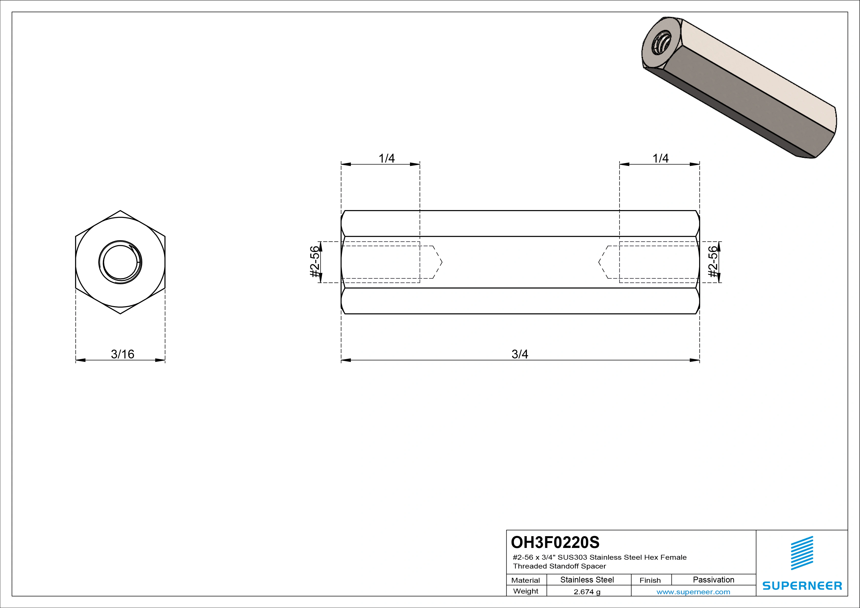 2-56 x 3/4" SUS303 Stainless Steel Inox Hex Female Threaded Standoff Spacer